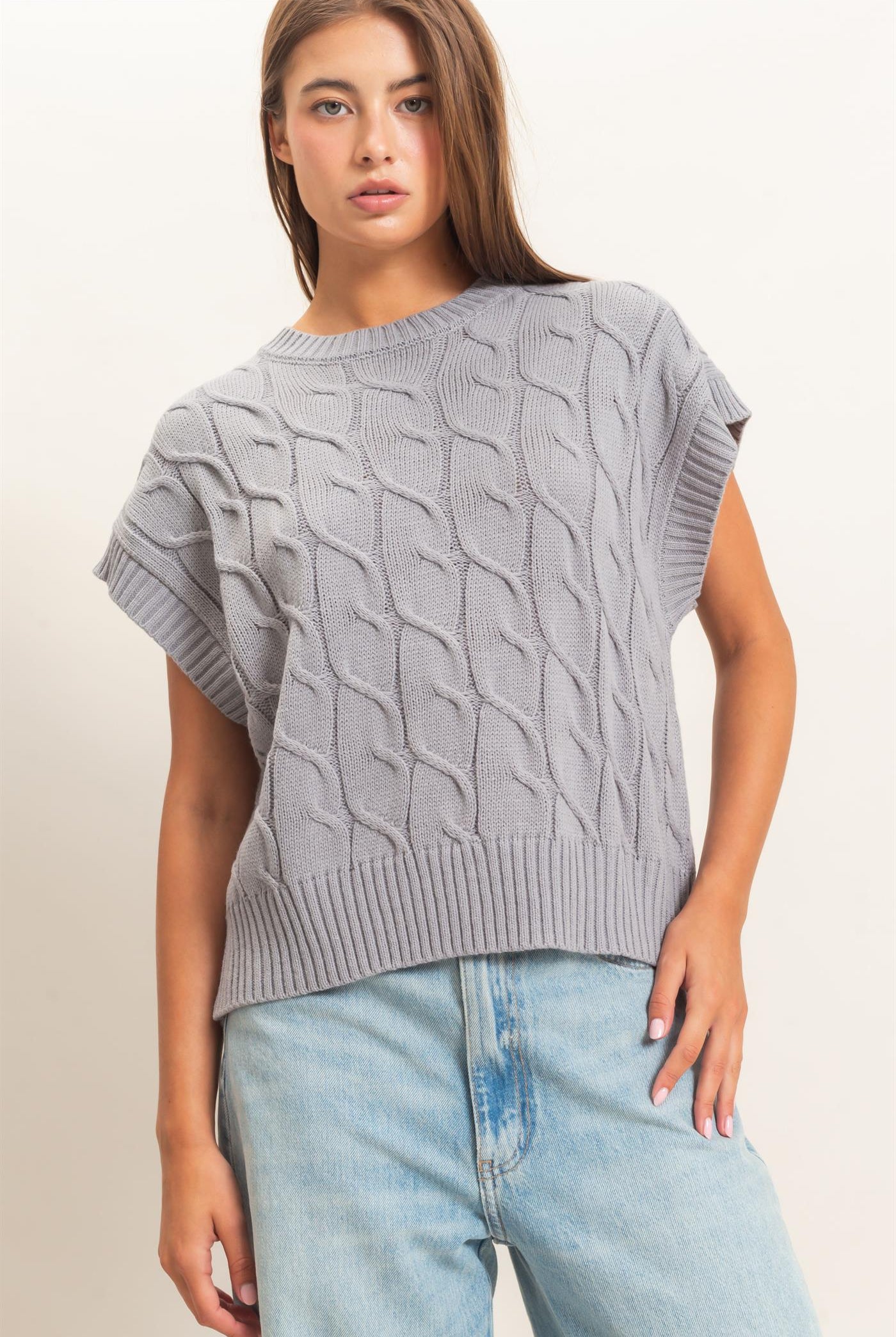Wholesale Cable Knit Cap Sleeve Sweater Sweaters DZ26C974 GRAY DOUBLE ZERO