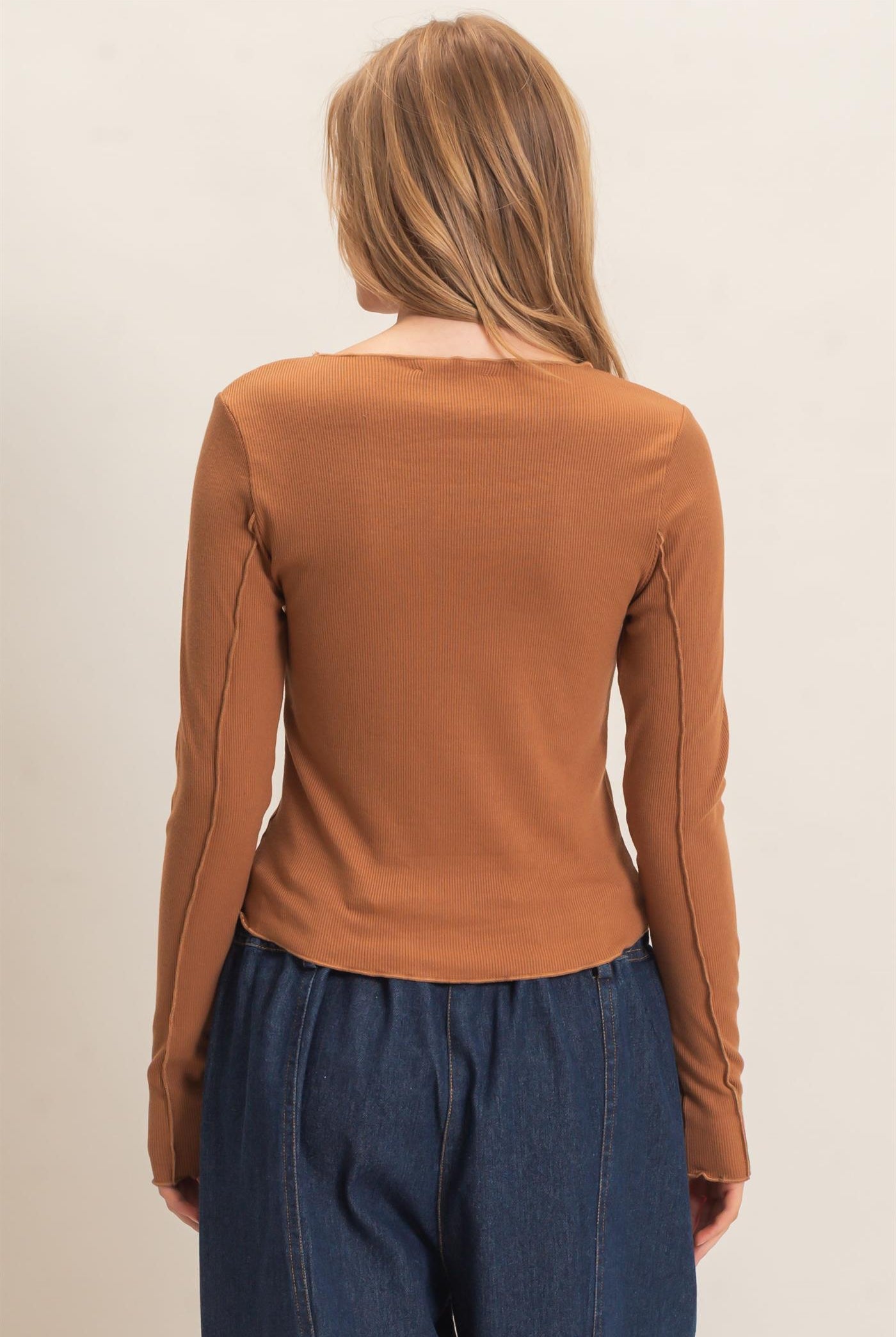 Wholesale Ruffled Ribbed Long Sleeve Top Clothing Tops HF26F085 BROWN HYFVE