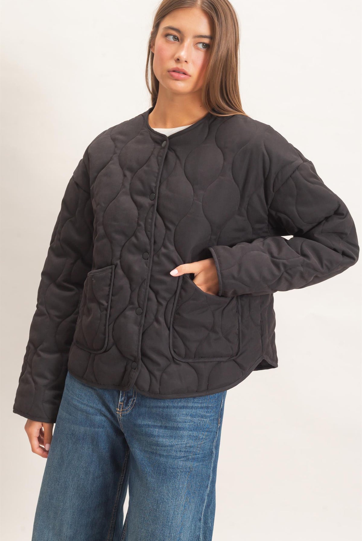 Wholesale Quilted Button Front Jacket Coats & Jackets DZ26F254 BLACK DOUBLE ZERO