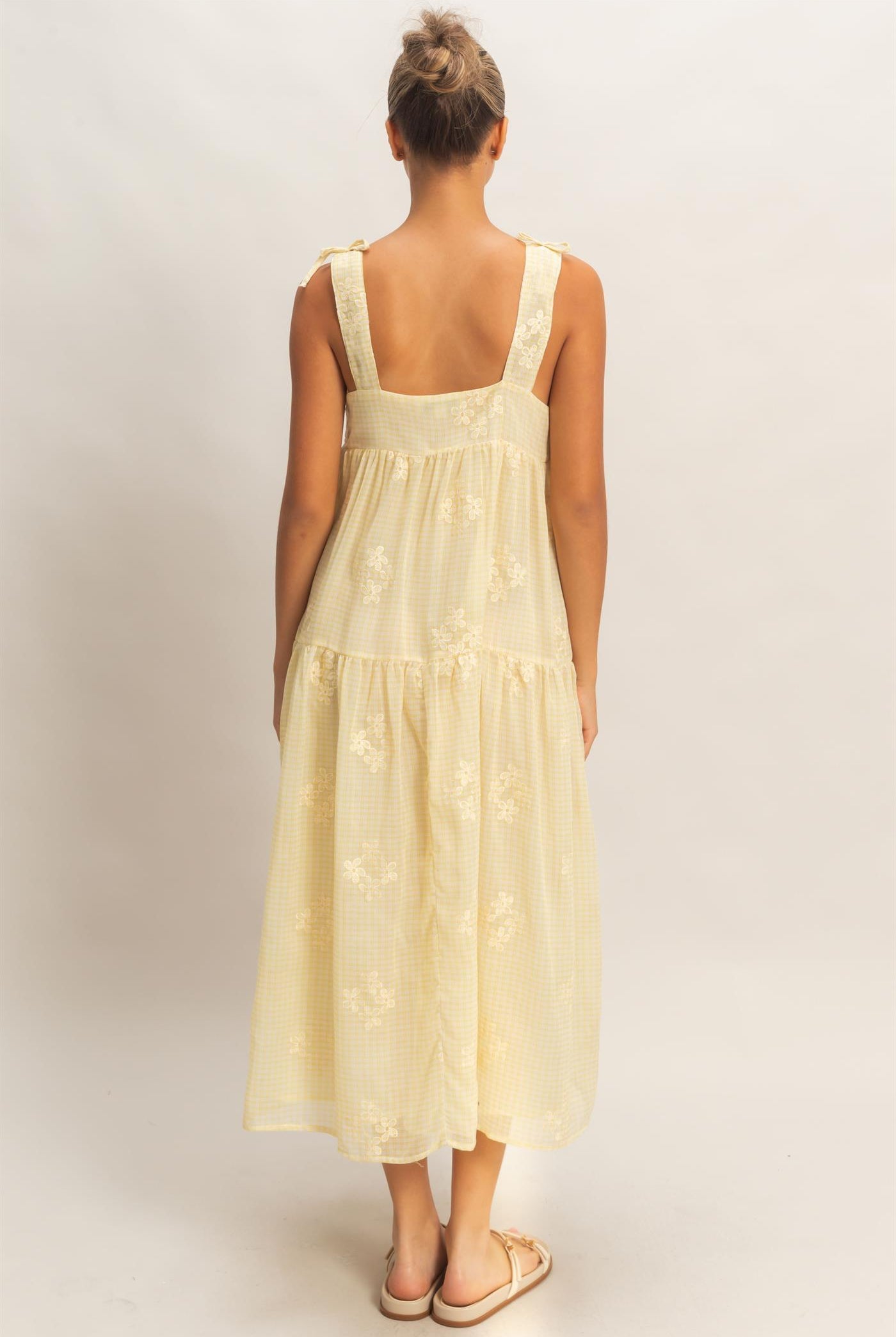 Wholesale Tiered Gingham Dress With Embroidery Dresses HF26A695 YELLOW HYFVE