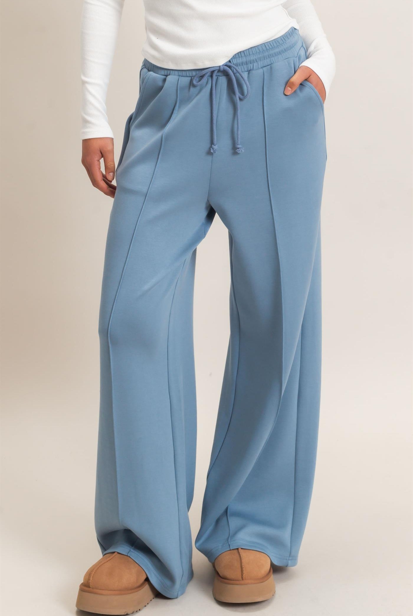 Wholesale Drawstring Waist Pintuck Wide Leg Pants Pants DZ26E384 DUSTY BLUE HYFVE