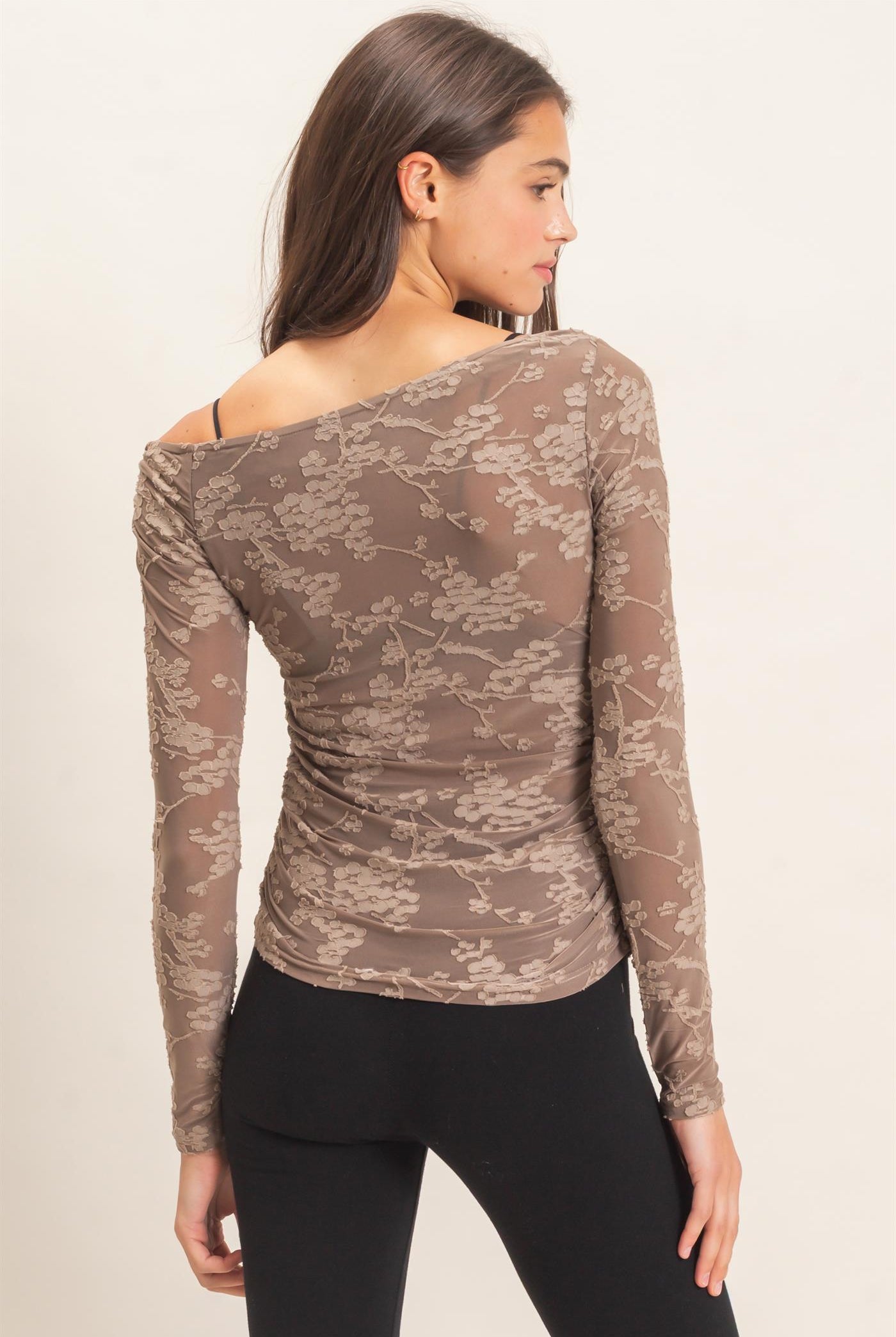 Wholesale Textured Mesh Off-Shoulder Top Blouses HF26F043 GRAY HYFVE