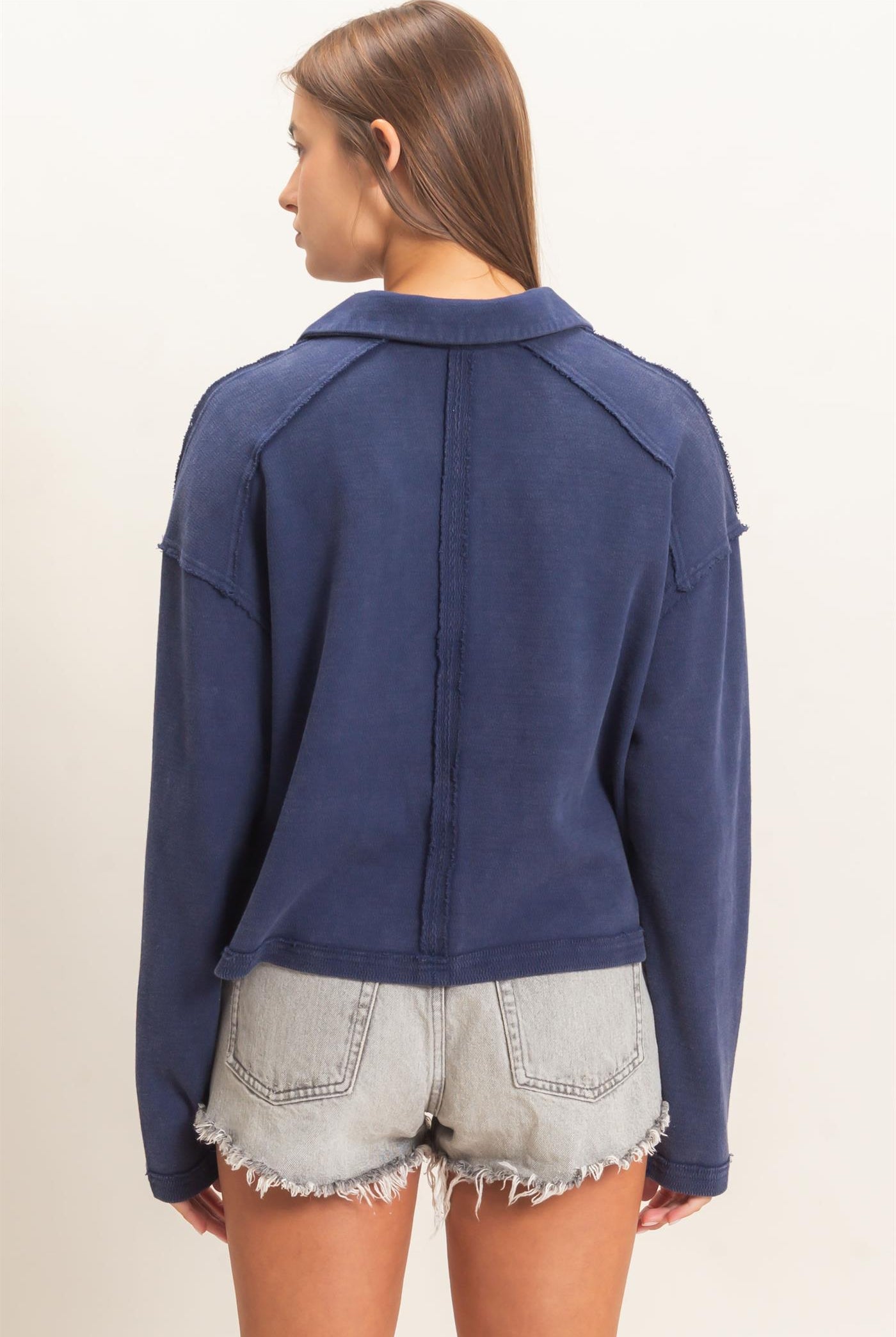 Wholesale Mineral Wash Textured Collar Top Polos DZ26E814 NAVY DOUBLE ZERO