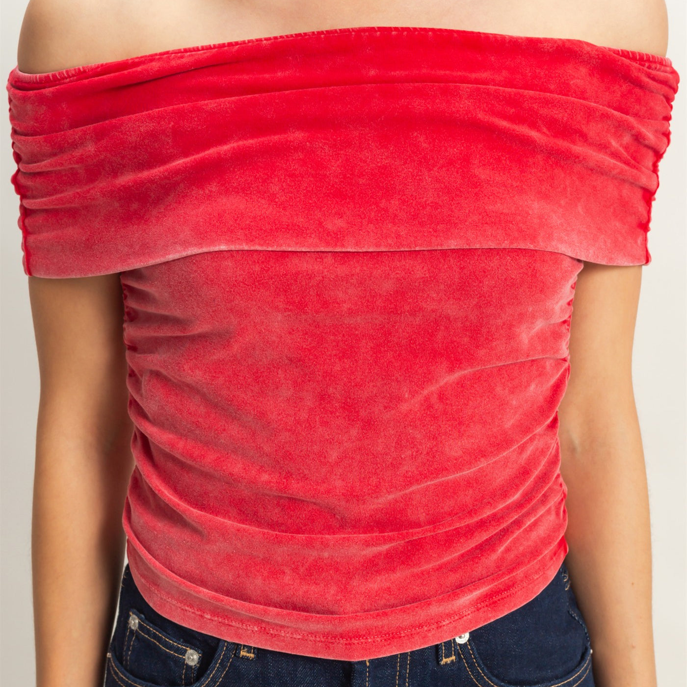 Wholesale Off-The-Shoulder Side Ruched Top Clothing Tops DZ25C848 RED DOUBLE ZERO