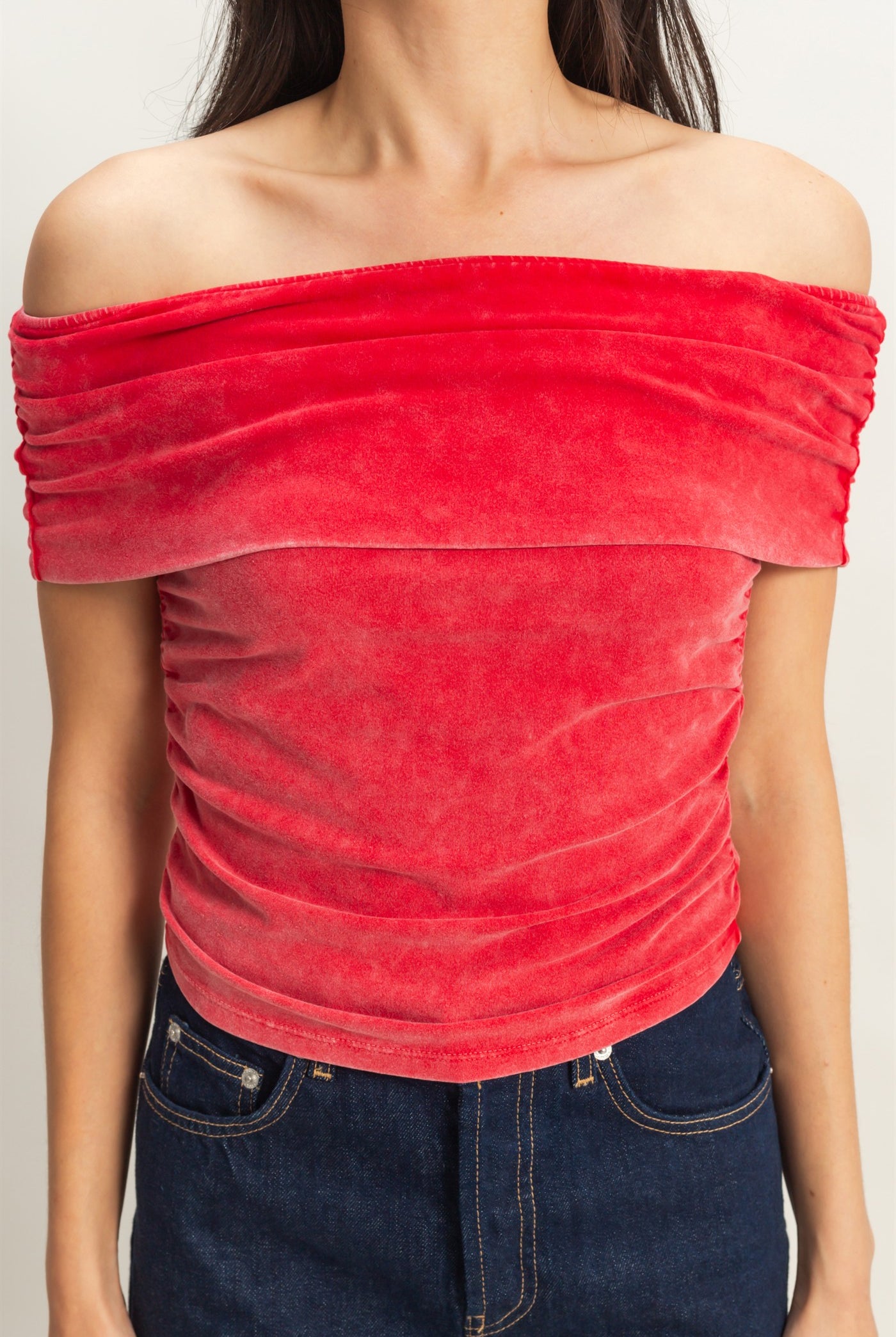 Wholesale Off-The-Shoulder Side Ruched Top Clothing Tops DZ25C848 RED DOUBLE ZERO