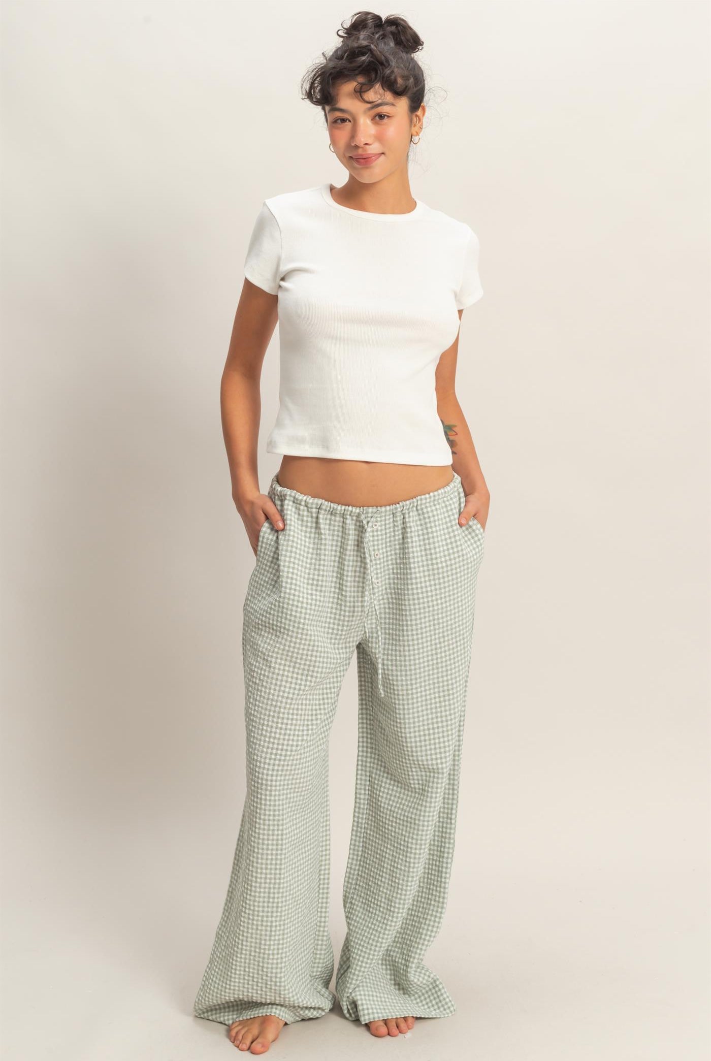 Wholesale Gingham Drawstring Wide-Leg Pants Pants DZ26C202 SAGE GREEN DOUBLE ZERO