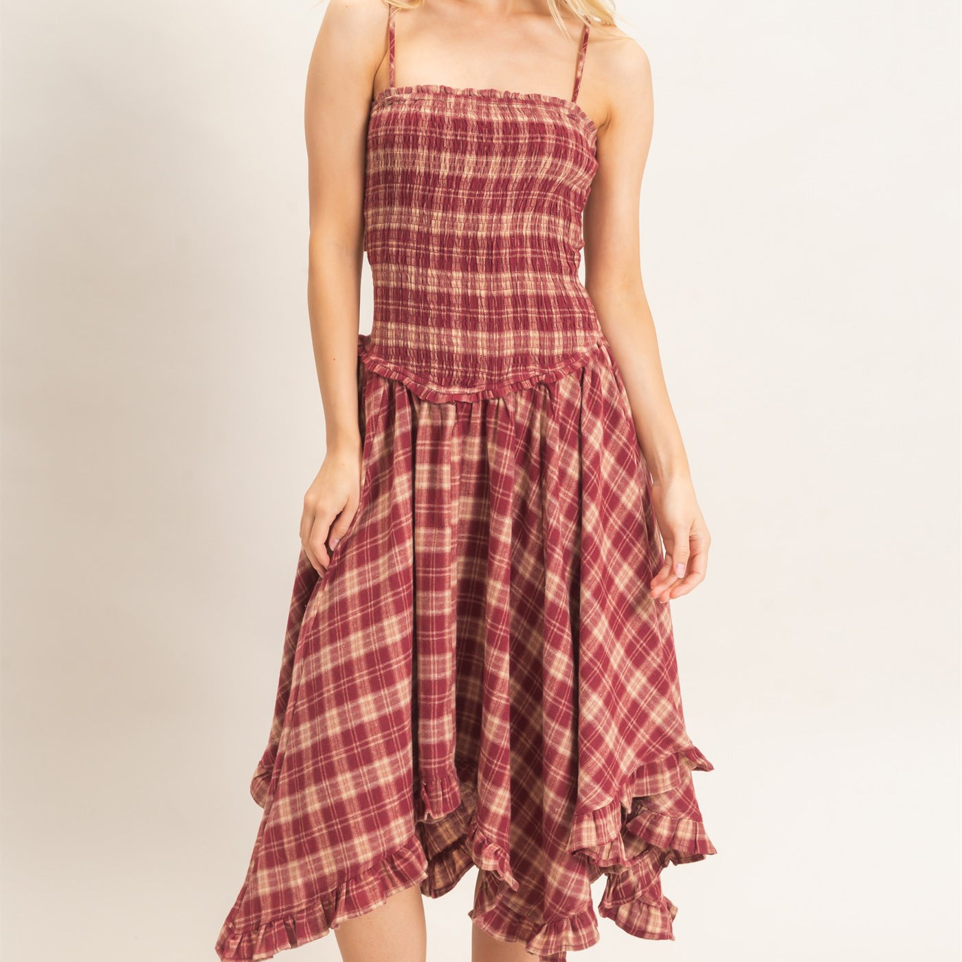 Wholesale Plaid Smocked Spaghetti Strap Dress Dresses HF26F211 BURGUNDY HYFVE