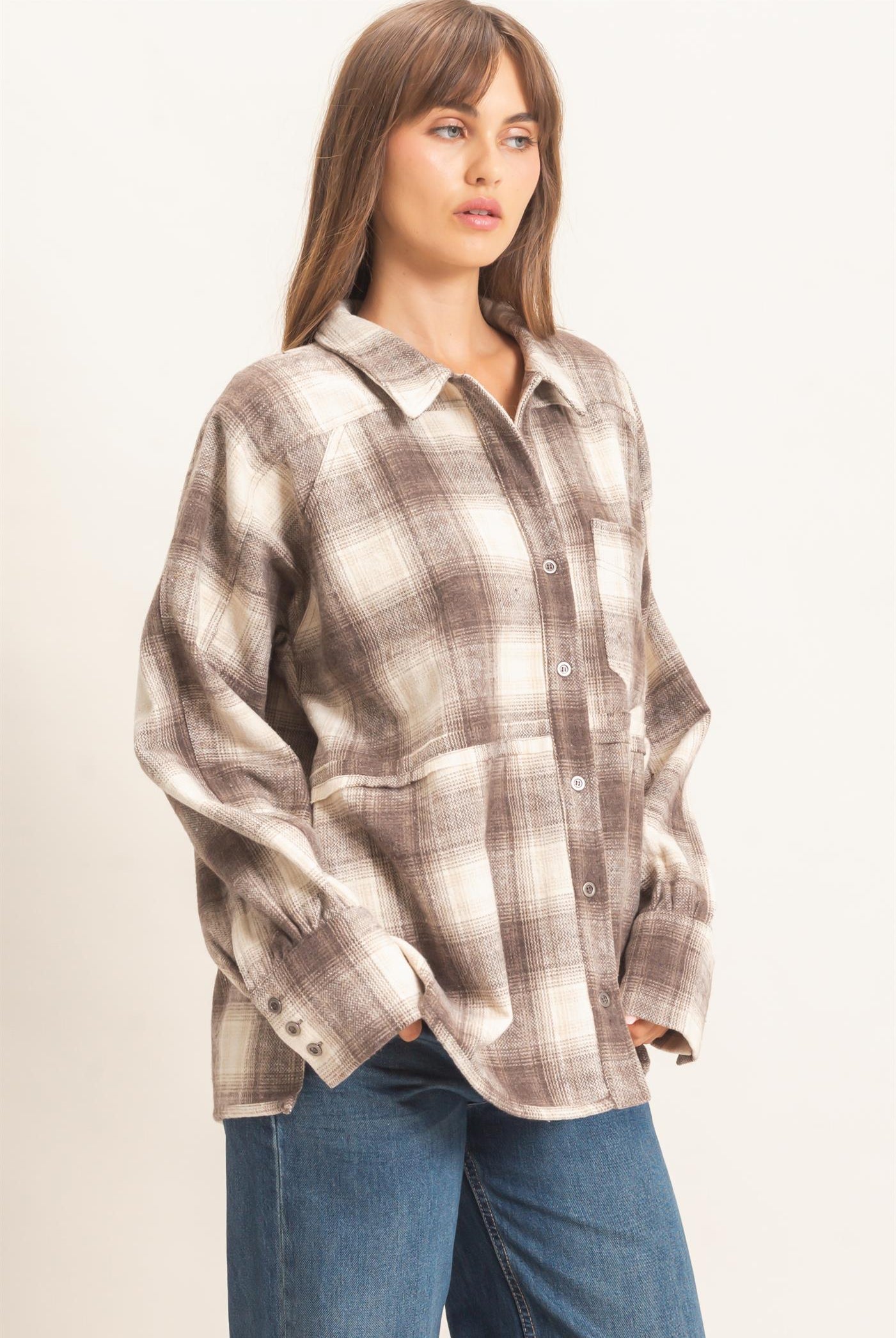 Wholesale Plaid Flannel Shirt Clothing Tops HF26C863 BROWN HYFVE