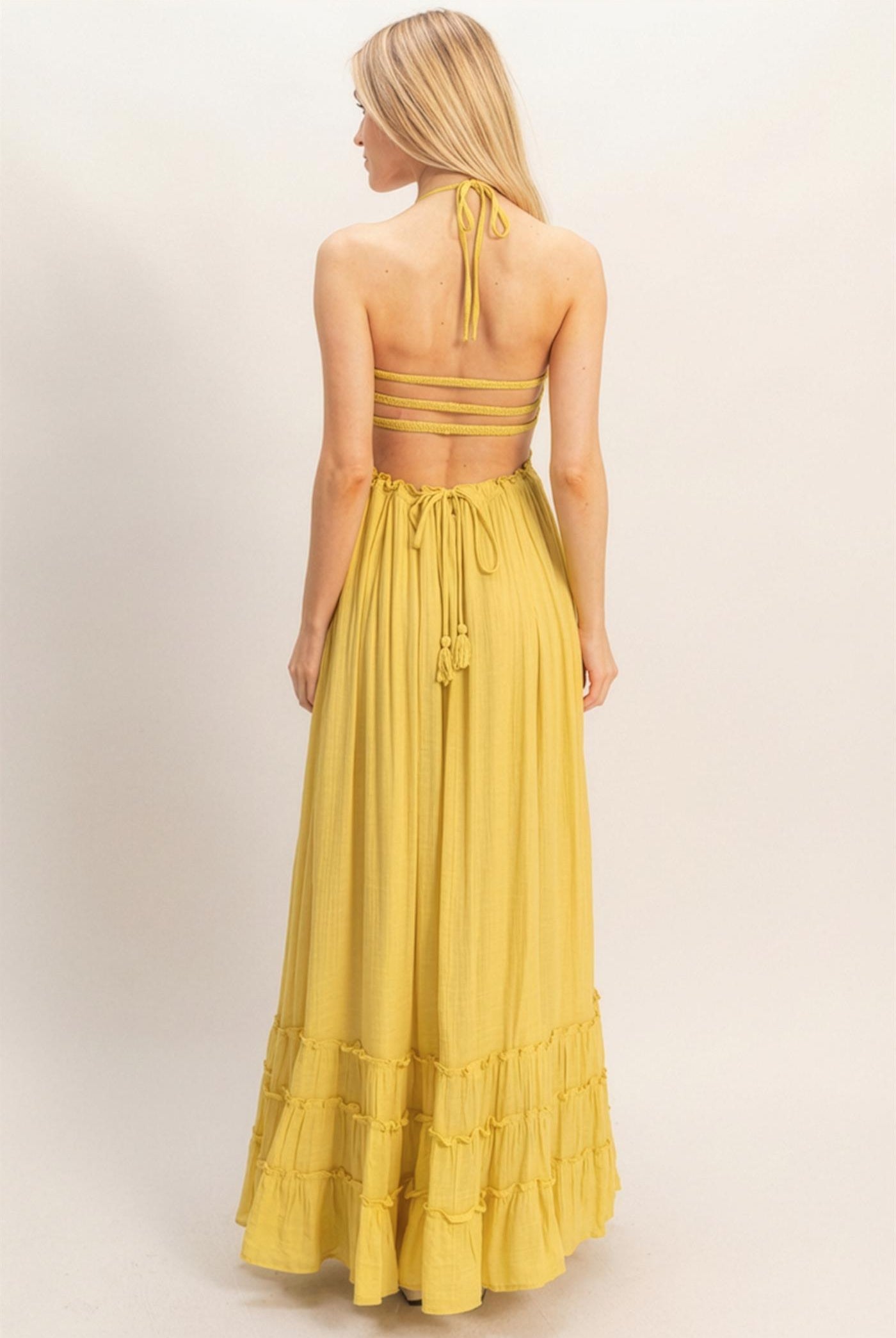 Wholesale Smocked Halter Maxi Dress Dresses HF26C290-D LIGHT YELLOW HYFVE