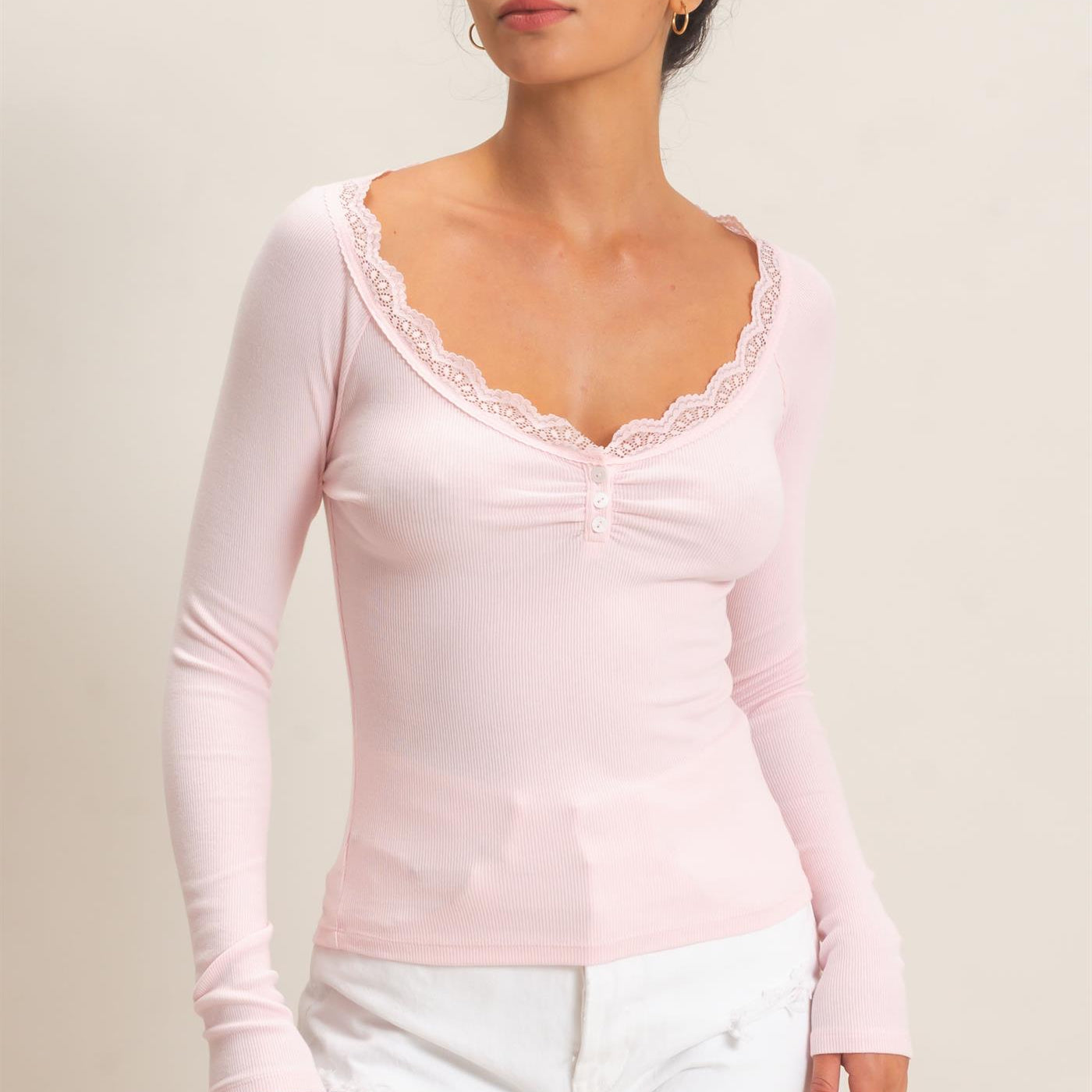 Wholesale Lace-Trim Henley Top Clothing Tops DZ26E325 LIGHT PINK DOUBLE ZERO