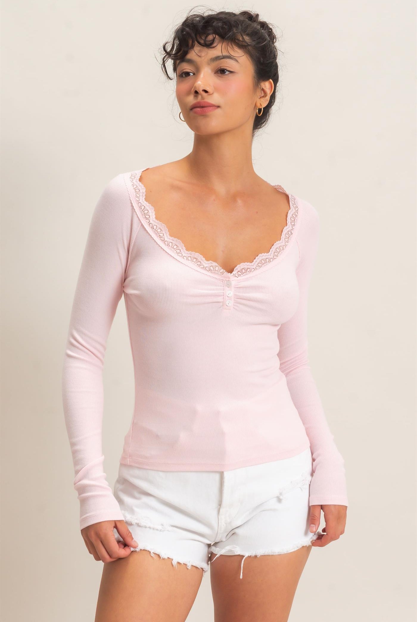 Wholesale Lace-Trim Henley Top Clothing Tops DZ26E325 LIGHT PINK DOUBLE ZERO