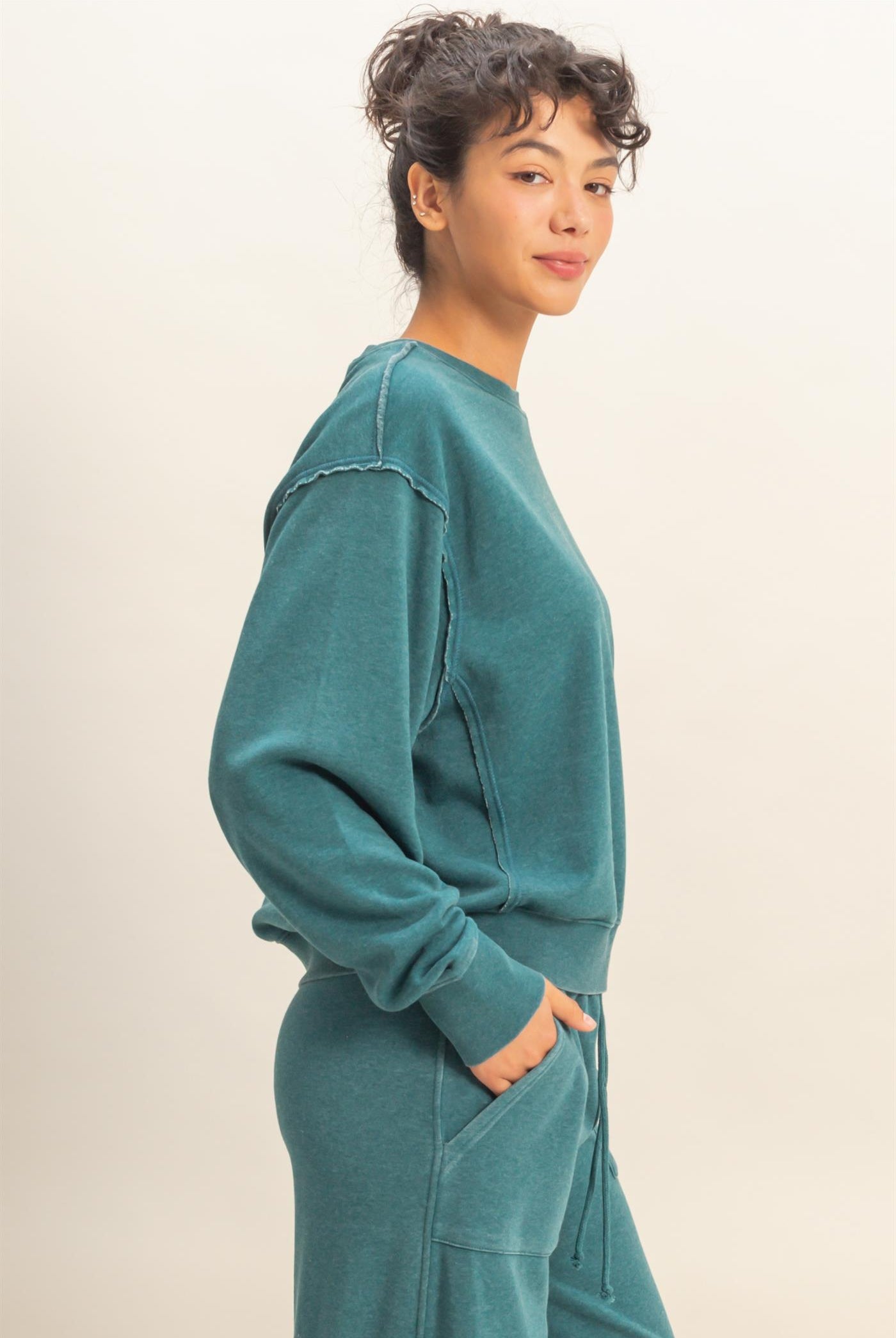 Wholesale Raw Edge Detail Burnout Sweatshirt Sweatshirts DZ26A048 DARK TEAL DOUBLE ZERO
