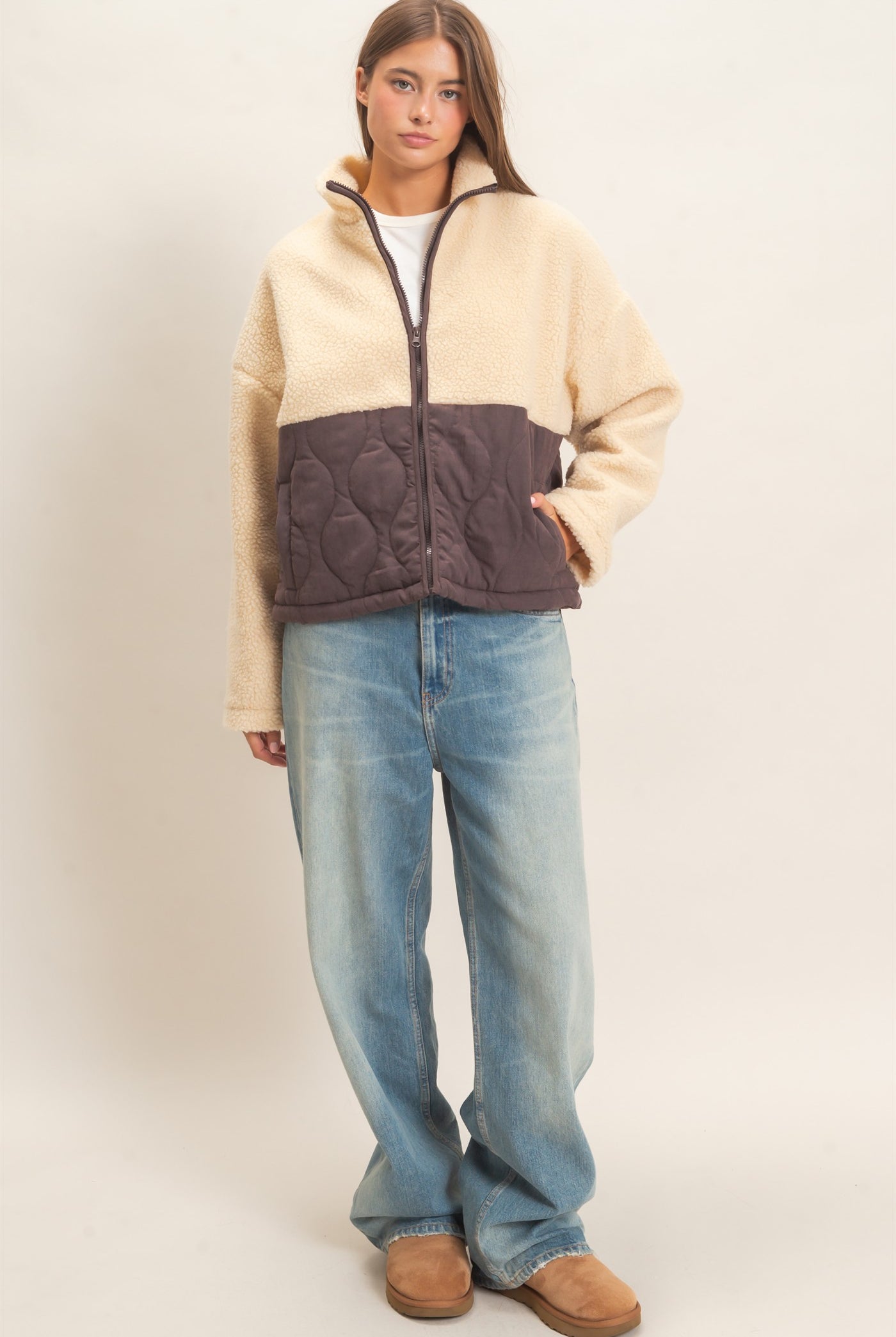 Wholesale Quilted Sherpa Zip Up Jacket Coats & Jackets DZ26F259 DARK BROWN DOUBLE ZERO