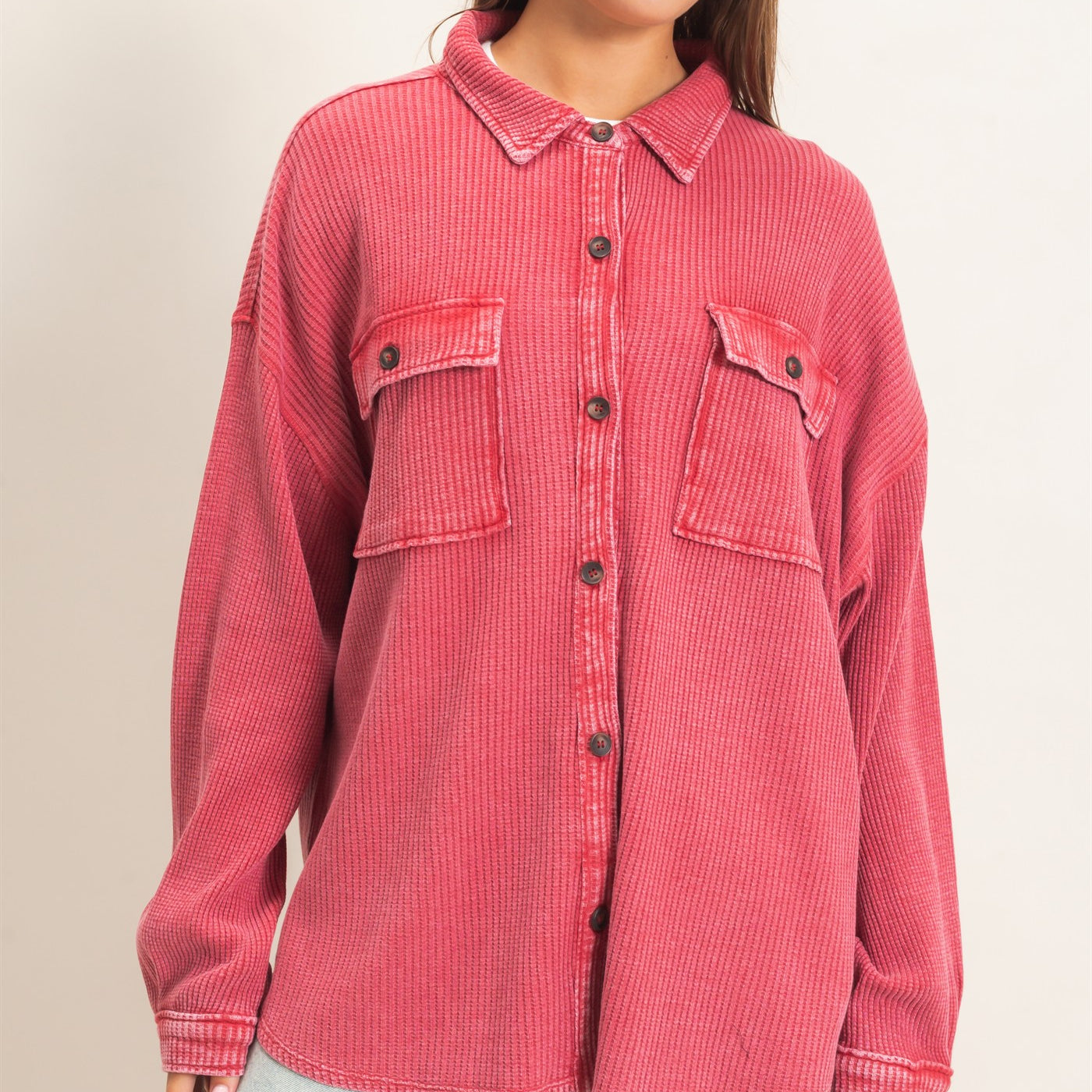 Wholesale Mineral Wash Waffle Knit Button-Up Shacket Coats & Jackets DZ26E249 DARK RED DOUBLE ZERO