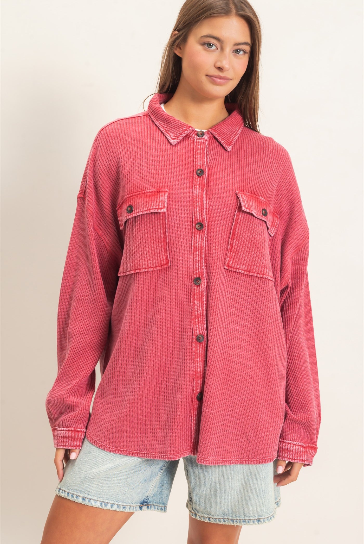 Wholesale Mineral Wash Waffle Knit Button-Up Shacket Coats & Jackets DZ26E249 DARK RED DOUBLE ZERO