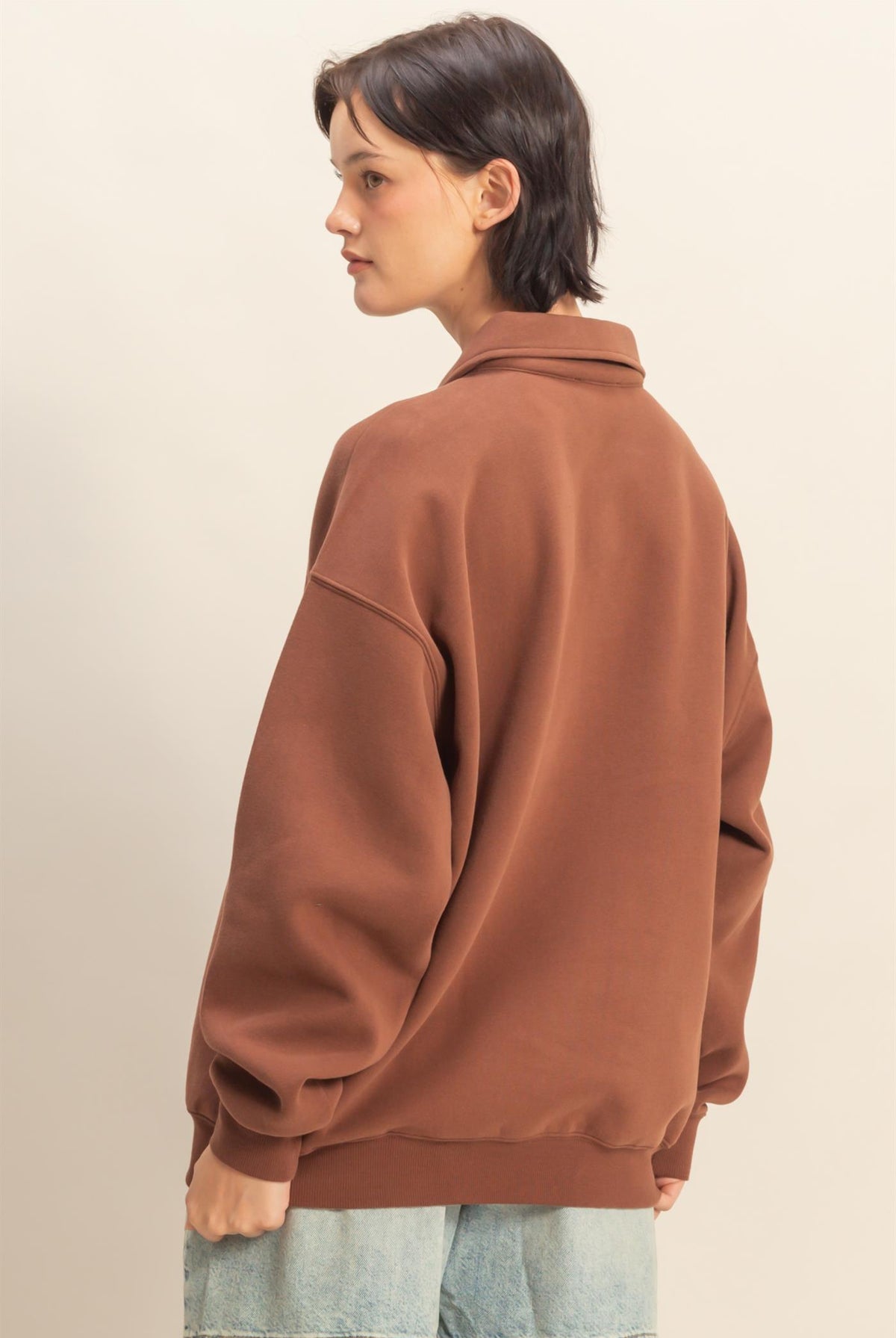Wholesale Oversized Polo Collared Pullover Sweatshirts DZ25F074 CHESTNUT DOUBLE ZERO