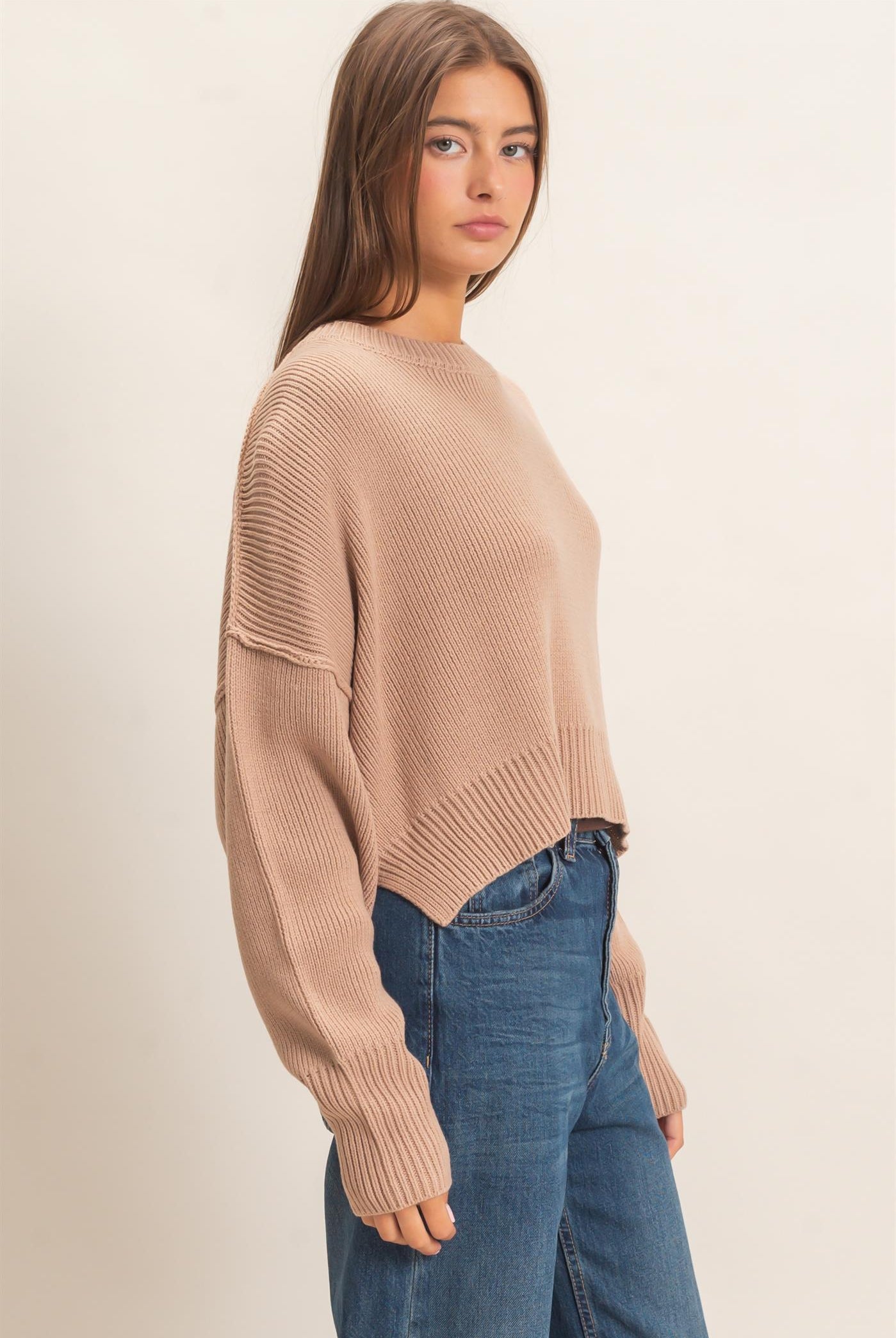 Wholesale Ribbed Drop Shoulder Sweater Sweaters DZ26C982 DARK TAUPE DOUBLE ZERO
