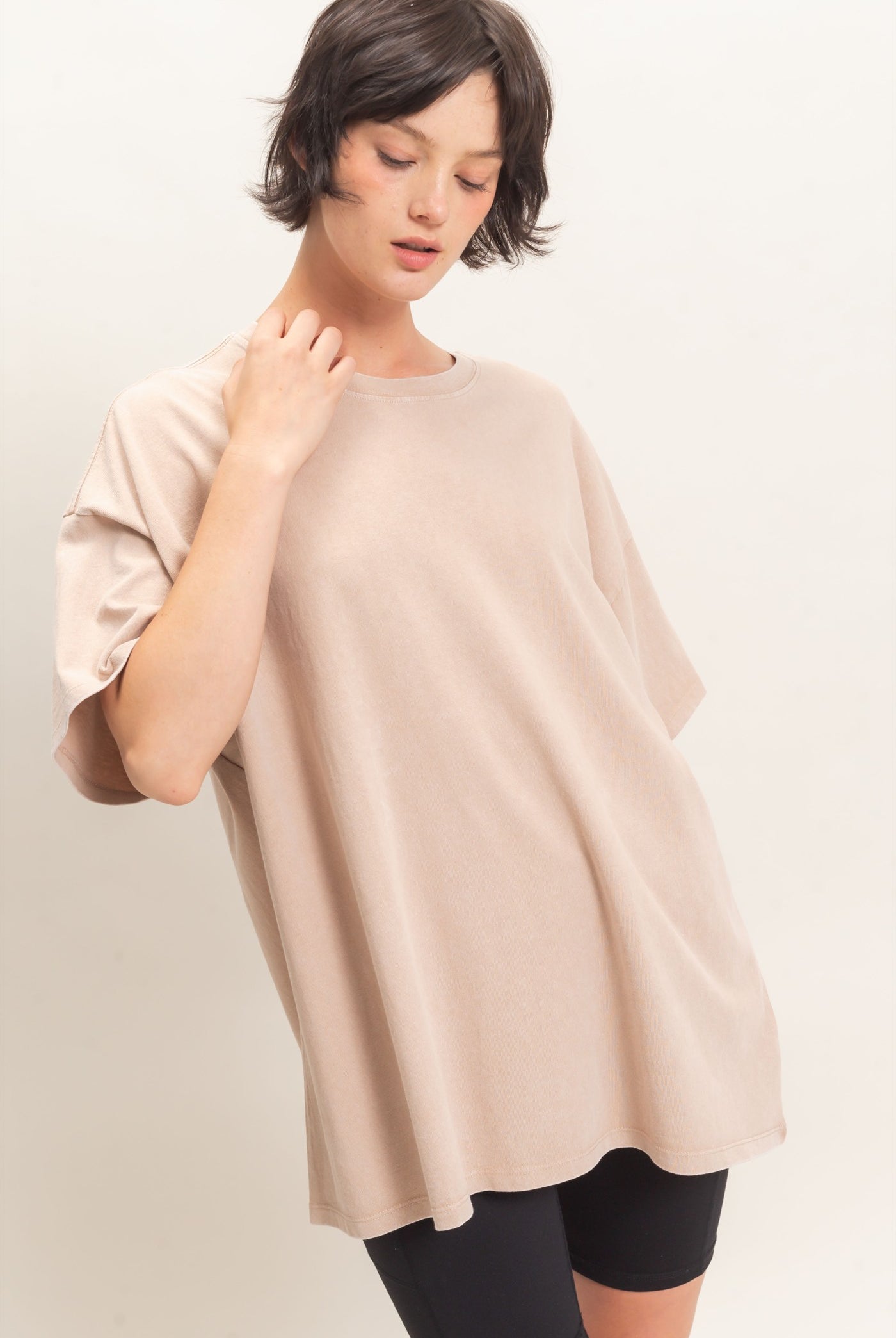 Wholesale Mineral Wash Oversized Crew Neck T-Shirts Clothing Tops DZ26C961 DARK TAUPE DOUBLE ZERO