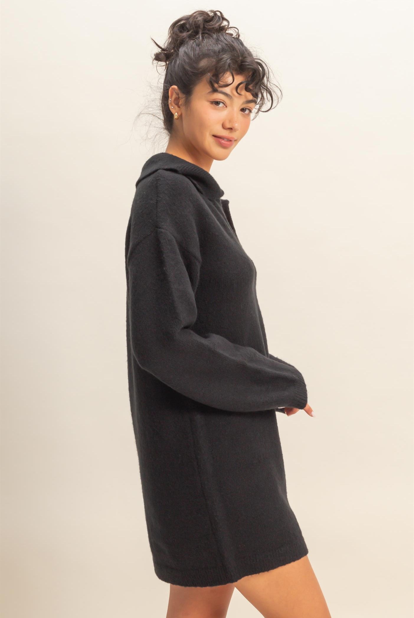 Wholesale Sophisticated Polo Long Sleeve Sweater Dress Dresses DZ25E838 BLACK DOUBLE ZERO