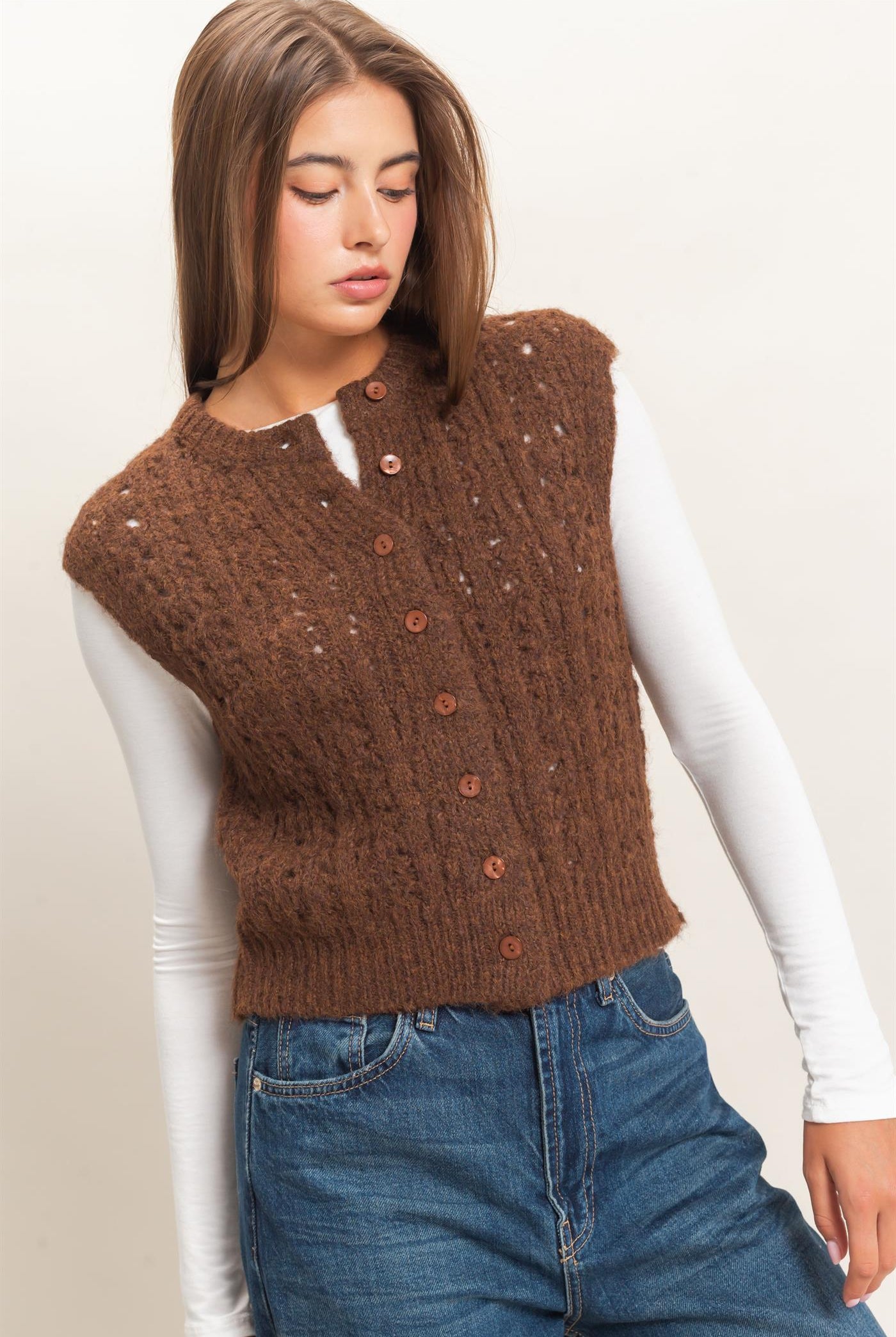 Wholesale Open Knit Sleeveless Button Front Sweater Vest Sweaters DZ26A829 BROWN DOUBLE ZERO