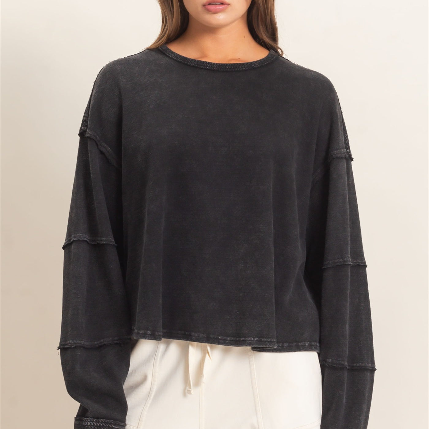 Wholesale Mineral Wash Overzised Raw Edge Crew Neck Top Clothing Tops DZ26E449 BLACK DOUBLE ZERO