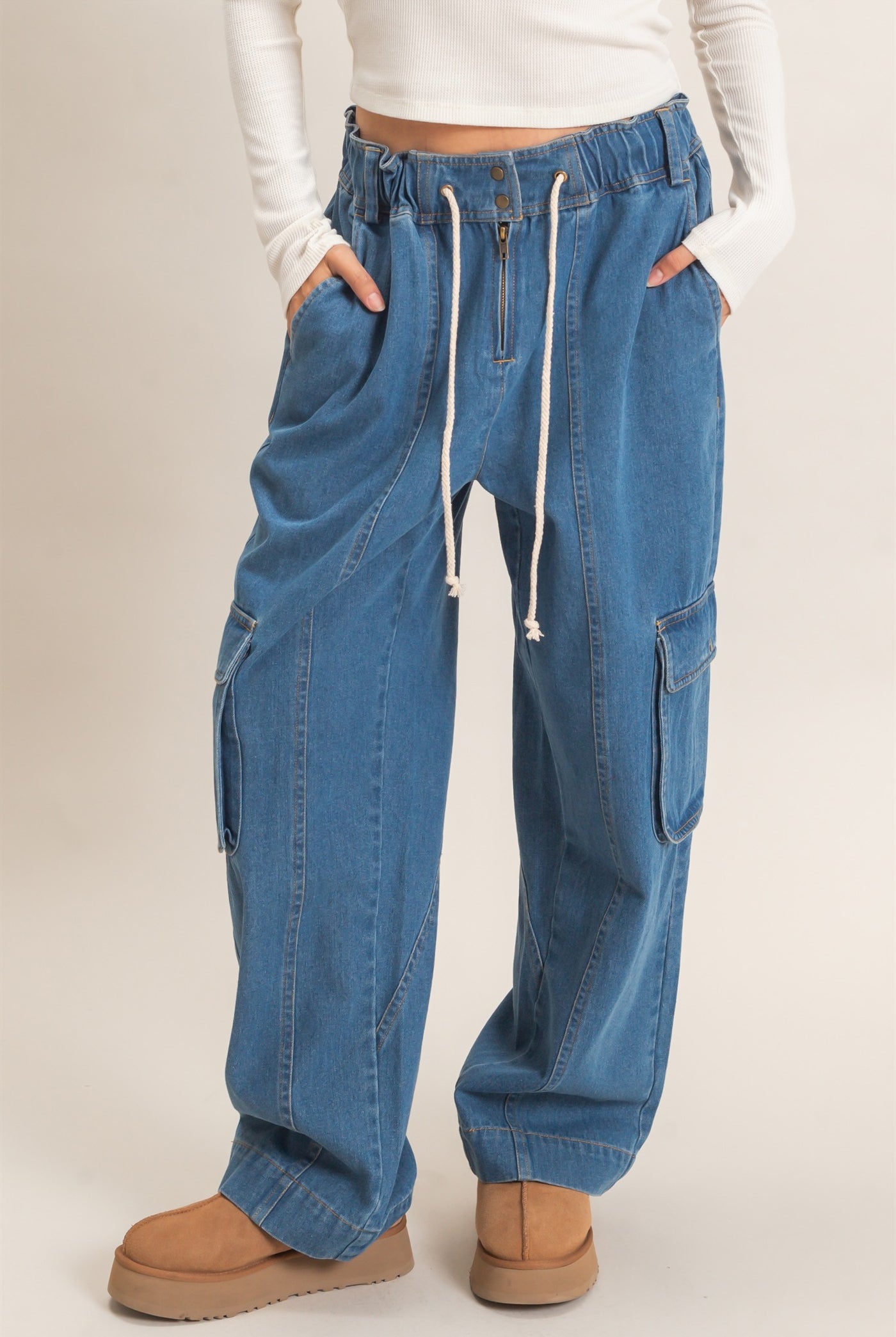 Wholesale Drawstring Cargo Denim Pants Pants HF26E182 LIGHT DENIM HYFVE