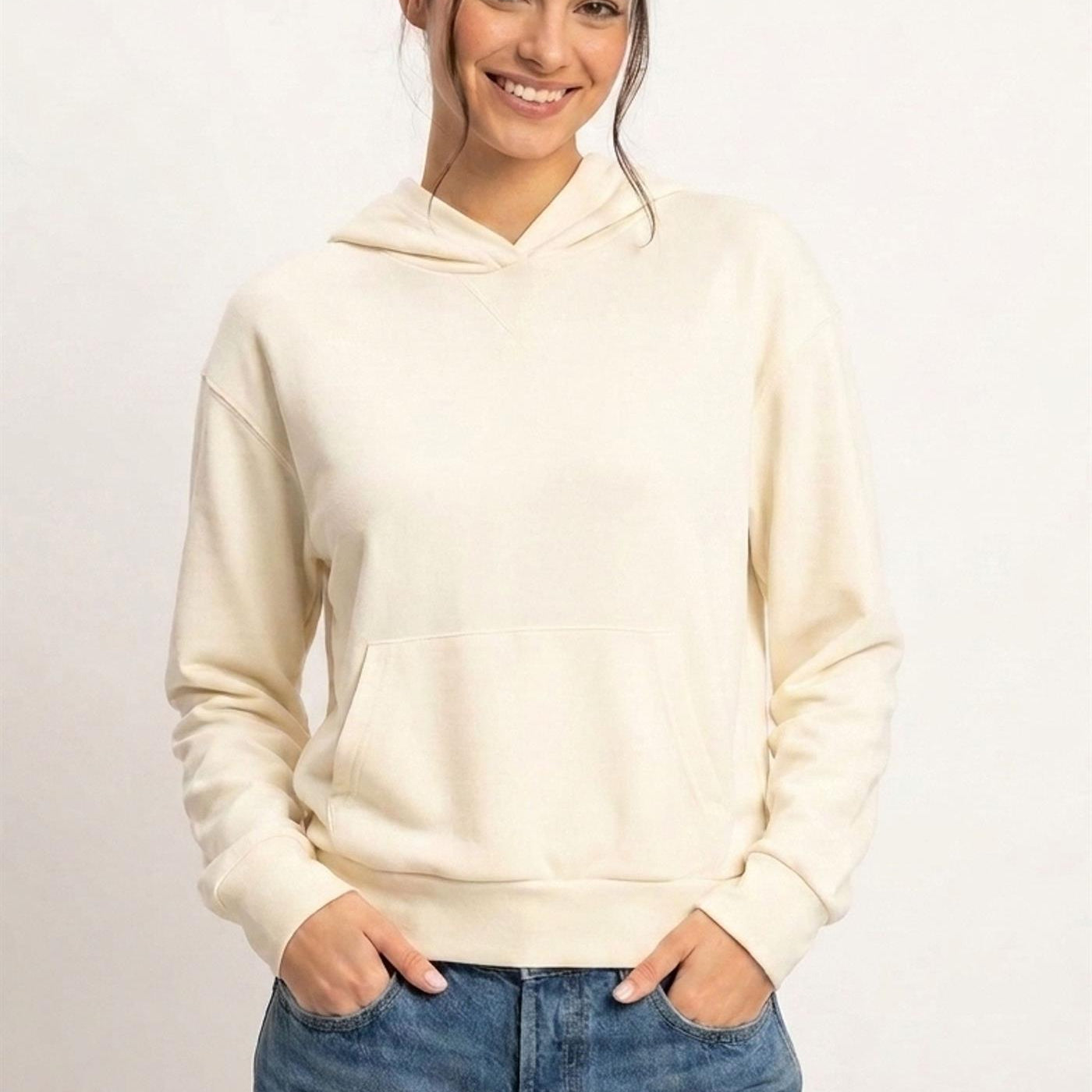 Wholesale Long Sleeve Hoodie With Kangaroo Pocket Hoodies DZ26F276 CREAM DOUBLE ZERO