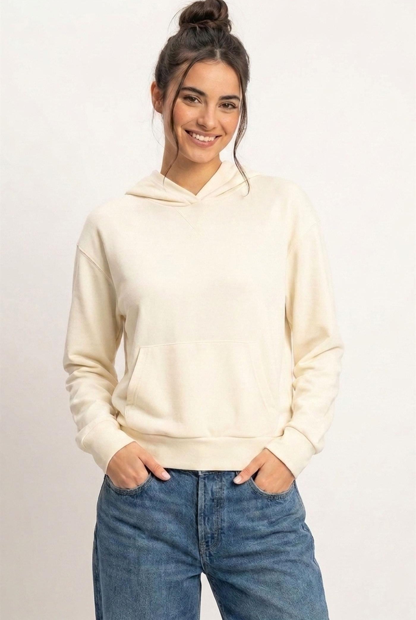 Wholesale Long Sleeve Hoodie With Kangaroo Pocket Hoodies DZ26F276 CREAM DOUBLE ZERO