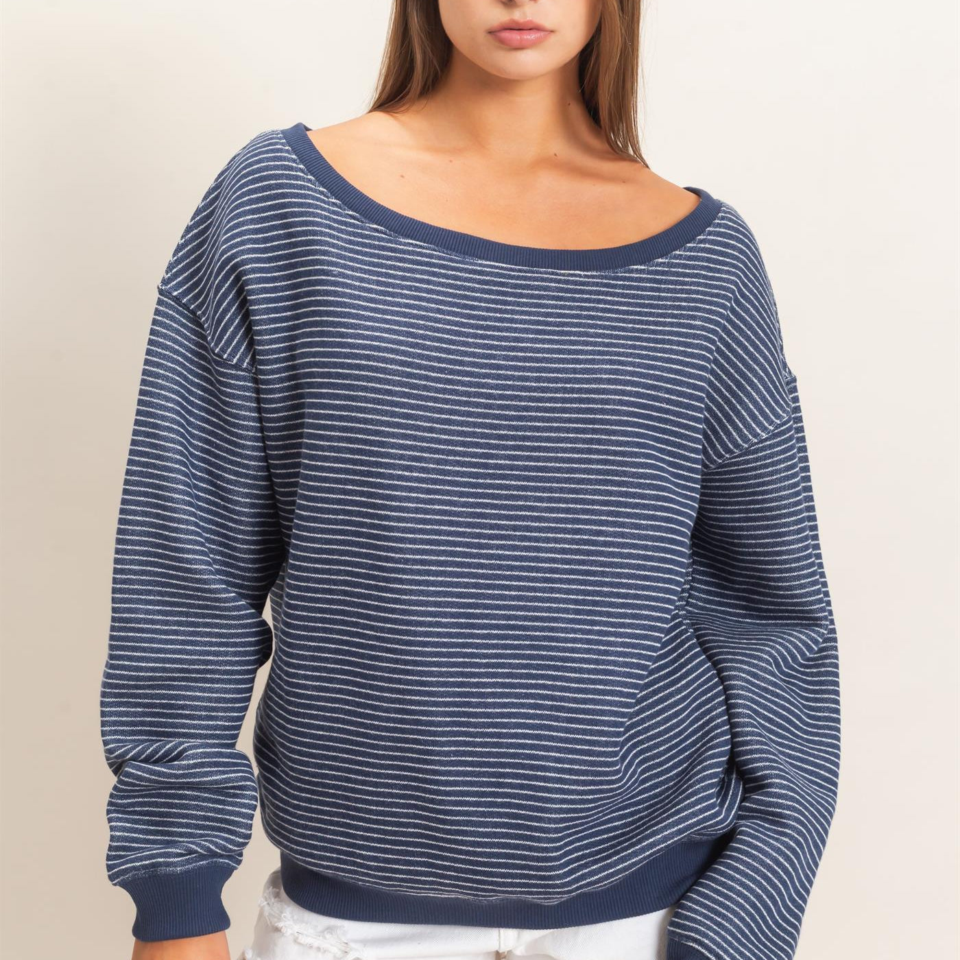 Wholesale Striped Off The Shoulder Sweatshirt Sweatshirts DZ26C881 NAVY DOUBLE ZERO