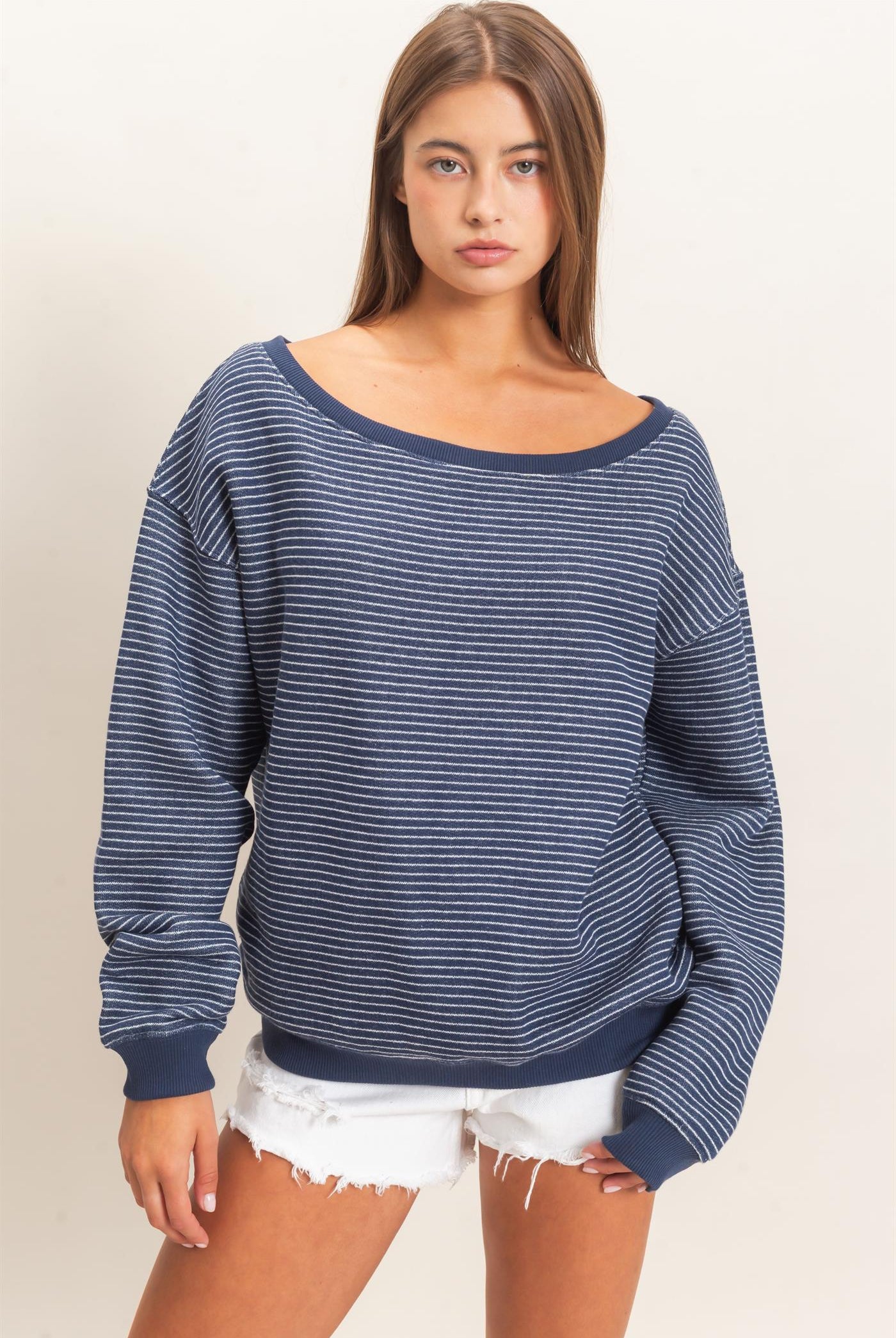 Wholesale Striped Off The Shoulder Sweatshirt Sweatshirts DZ26C881 NAVY DOUBLE ZERO