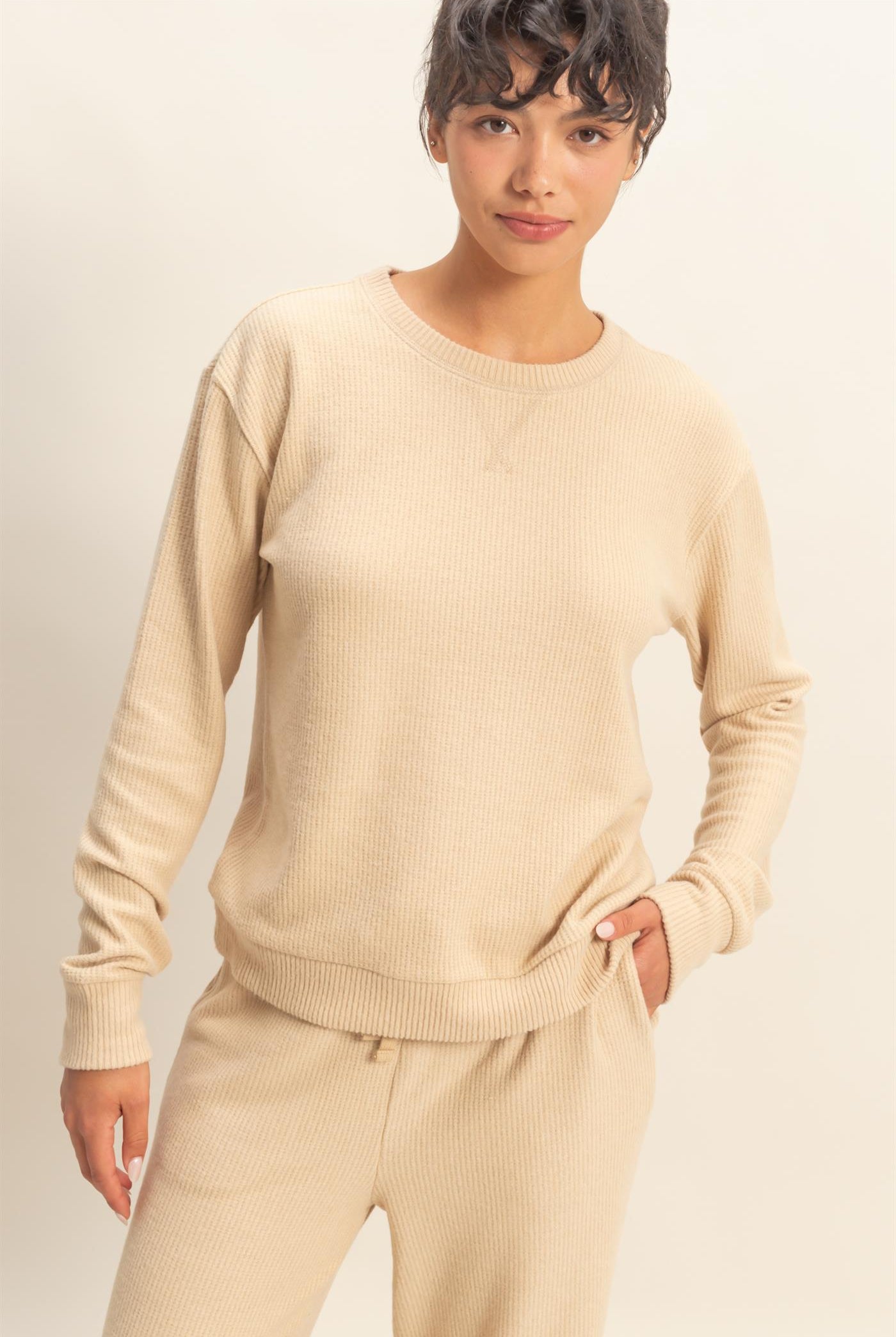 Wholesale Brushed Waffle Crew Neck Long Sleeve Top Clothing Tops DZ26A177 LIGHT TAUPE DOUBLE ZERO
