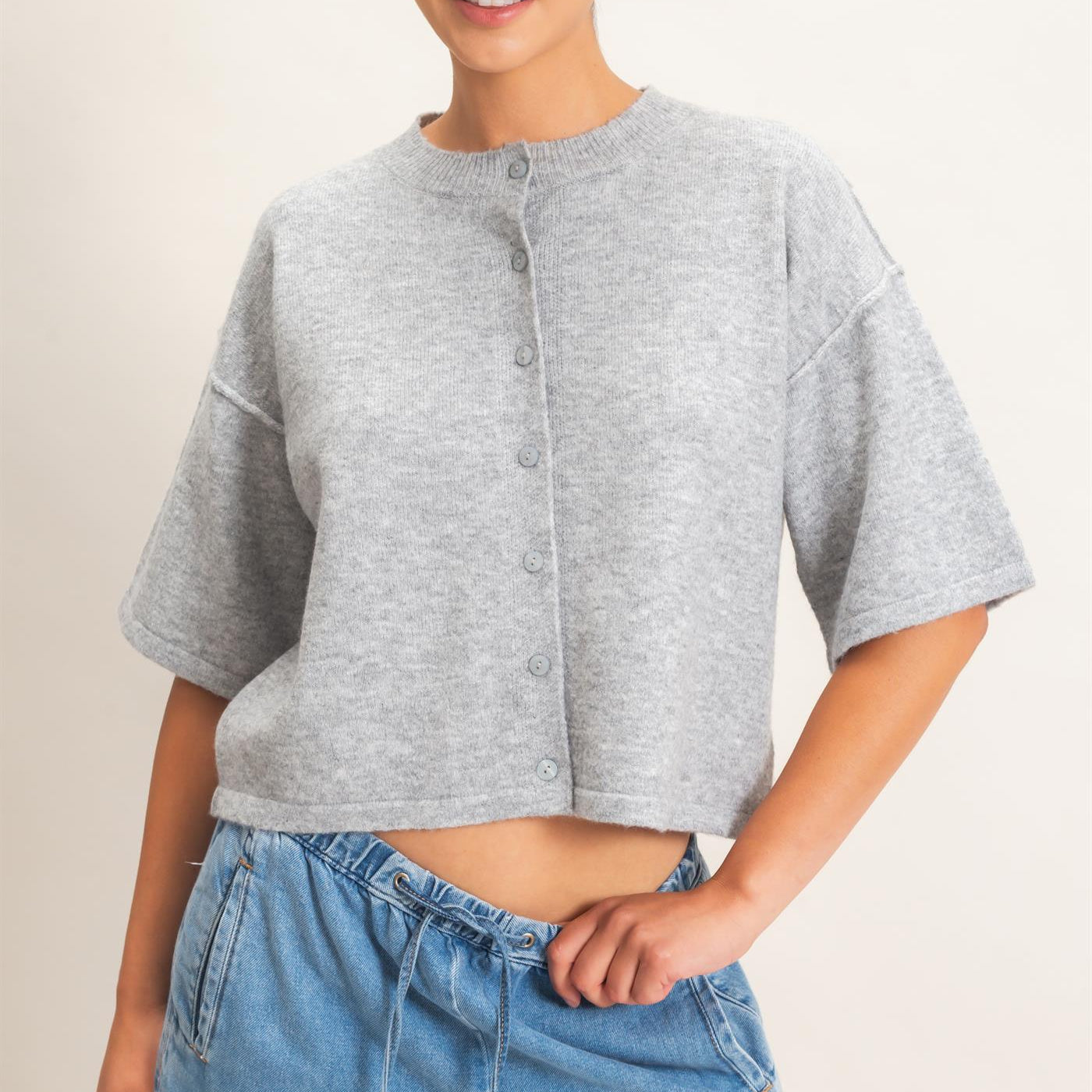 Wholesale Drop Shoulder Short Sleeve Cardigan Cardigans DZ26E238 HEATHER GRAY DOUBLE ZERO