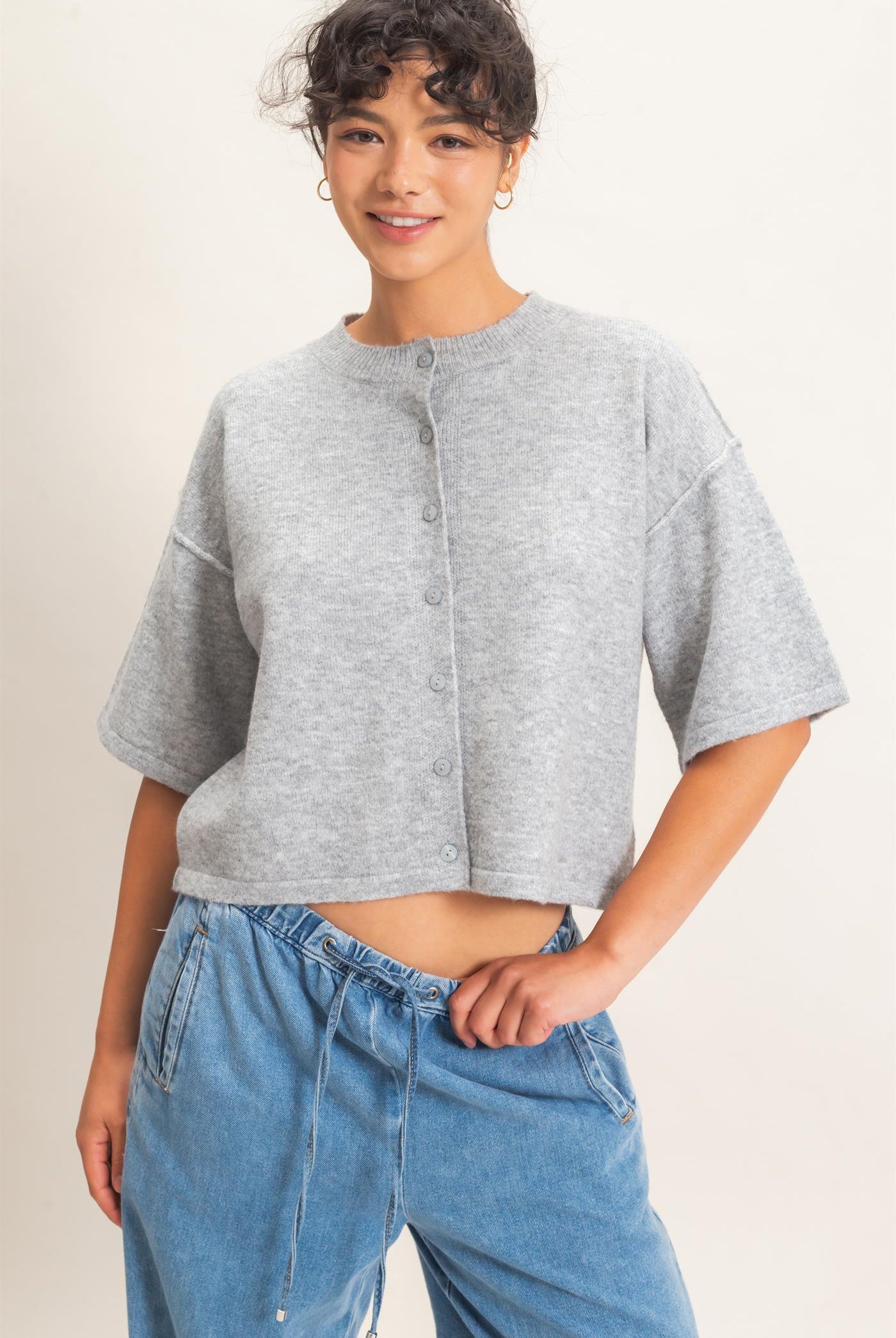 Wholesale Drop Shoulder Short Sleeve Cardigan Cardigans DZ26E238 HEATHER GRAY DOUBLE ZERO