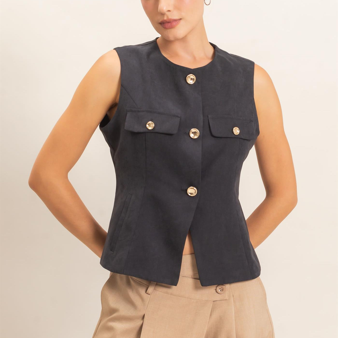 Wholesale Buttoned Sleeveless Utility Vest Vests HF26E929 BLACK HYFVE