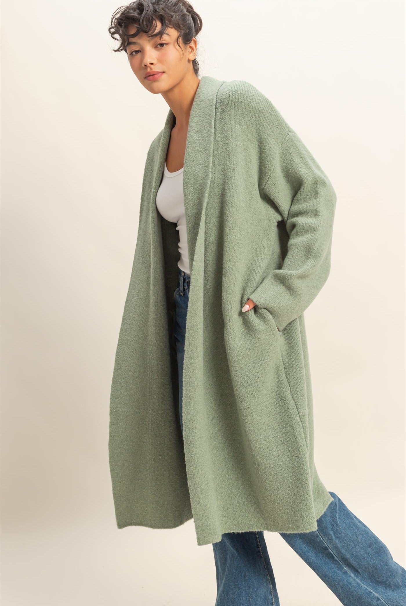 Wholesale Longline Open Front Duster Sweater Cardigans DZ25F435 SAGE GREEN DOUBLE ZERO