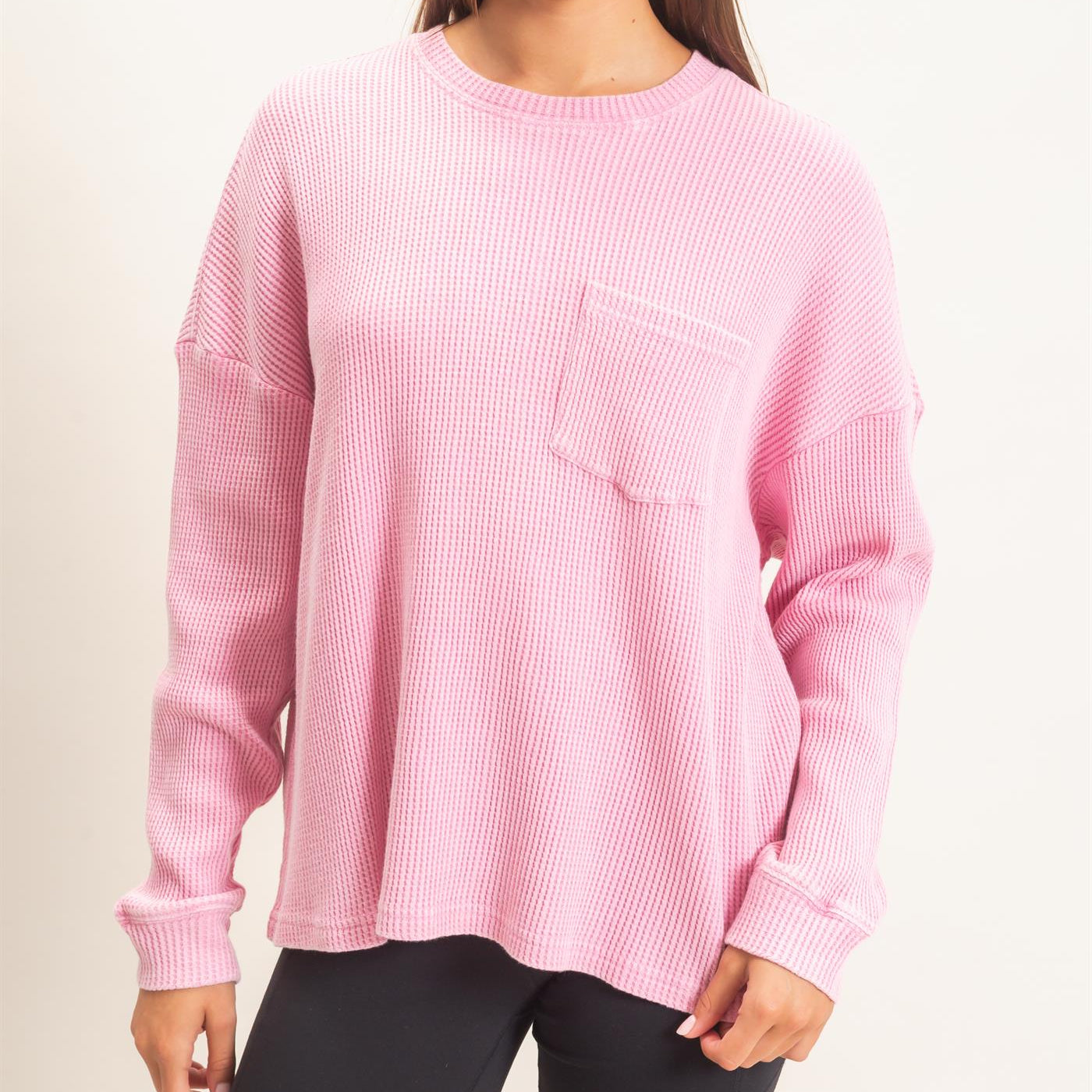 Wholesale Mineral Wash Waffle Long Sleeve Top Clothing Tops DZ26F242 PINK DOUBLE ZERO