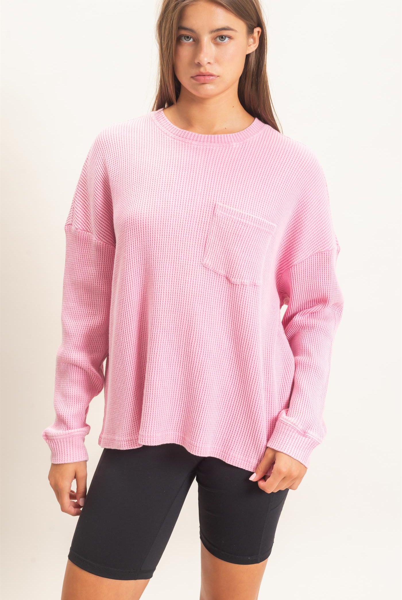 Wholesale Mineral Wash Waffle Long Sleeve Top Clothing Tops DZ26F242 PINK DOUBLE ZERO
