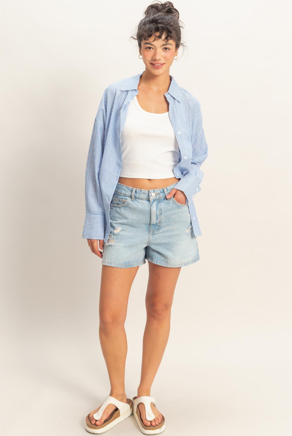 Wholesale Striped Button-Up Shirt Shirts DZ26A737 BLUE DOUBLE ZERO