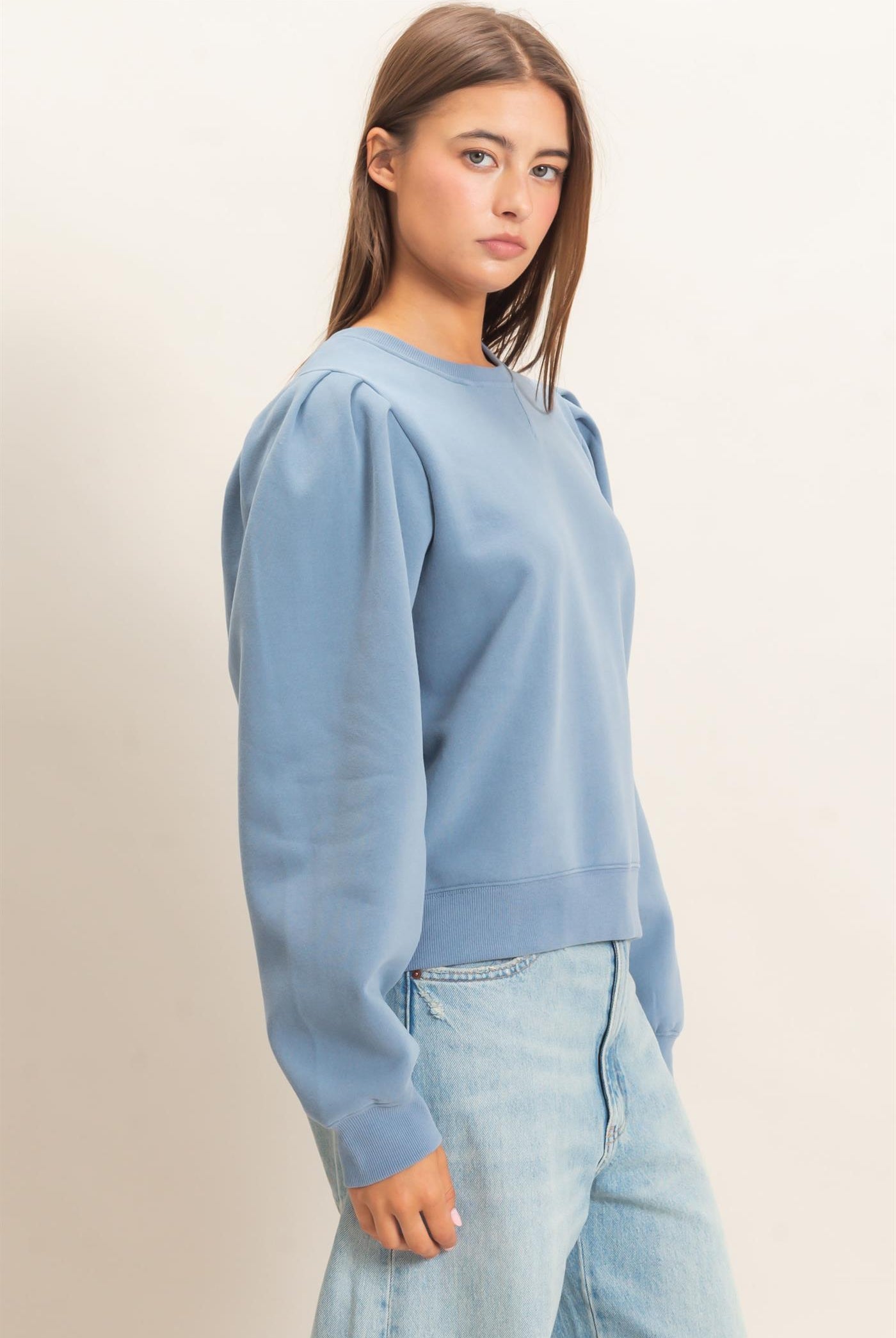 Wholesale Puff Sleeve Crew Neck Sweatshirt Sweatshirts DZ26E110 DUSTY BLUE DOUBLE ZERO