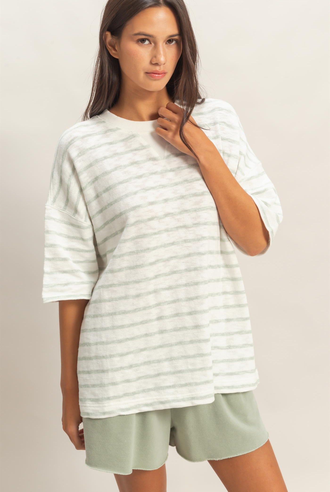 Wholesale Oversized Striped V-Stitch Short Sleeve Top Clothing Tops DZ26A455 SAGE GREEN DOUBLE ZERO