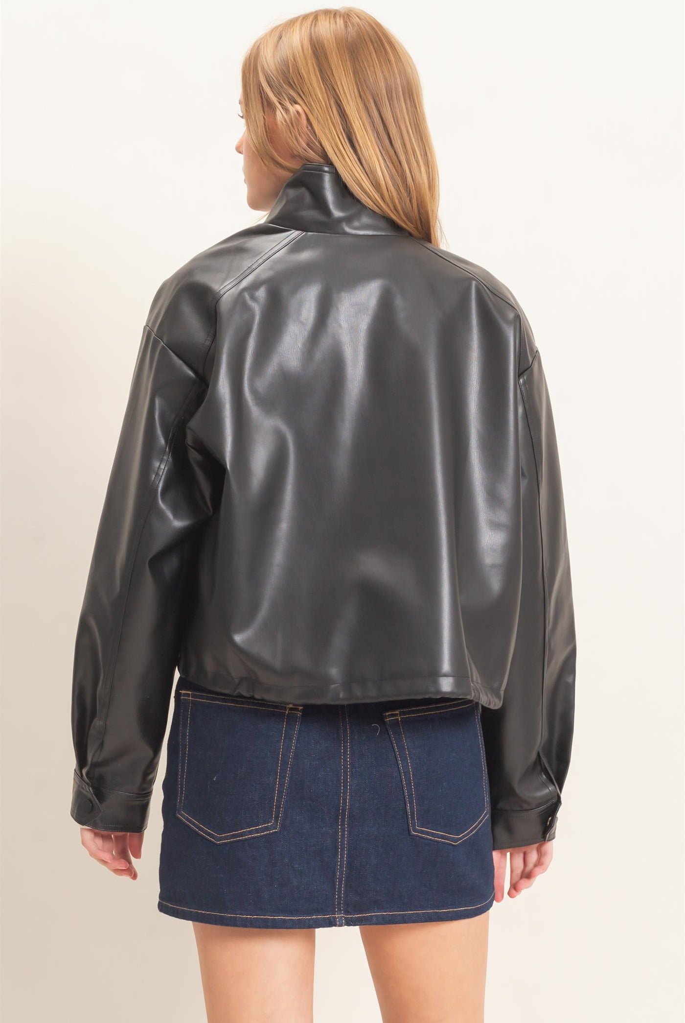 Wholesale Faux Leather Jacket With Stand Collar Bomber Jackets HF25F452 BLACK HYFVE