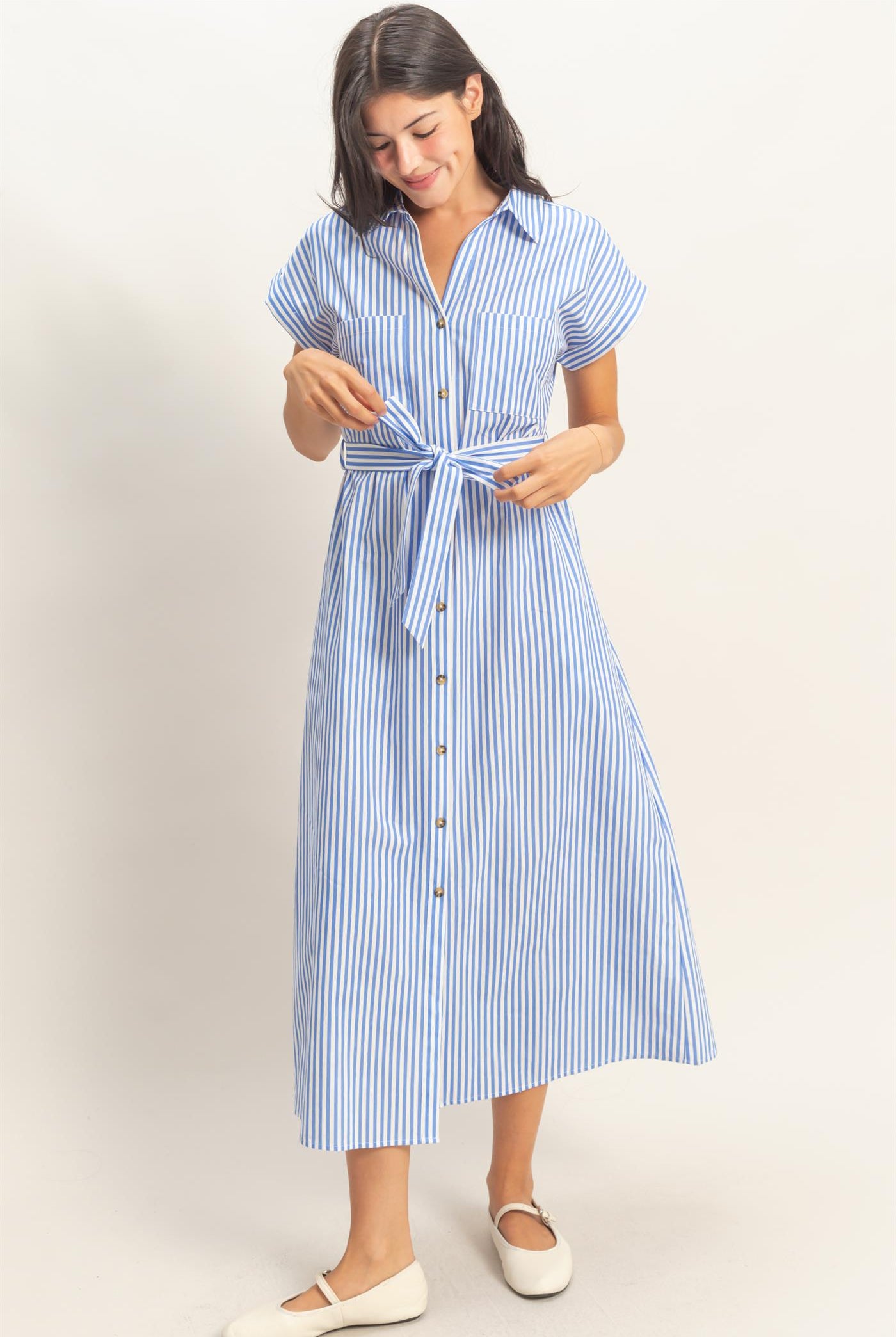 Wholesale Striped Poplin Belted Shirt Dress With Pockets Dresses DZ26C129 BLUE DOUBLE ZERO