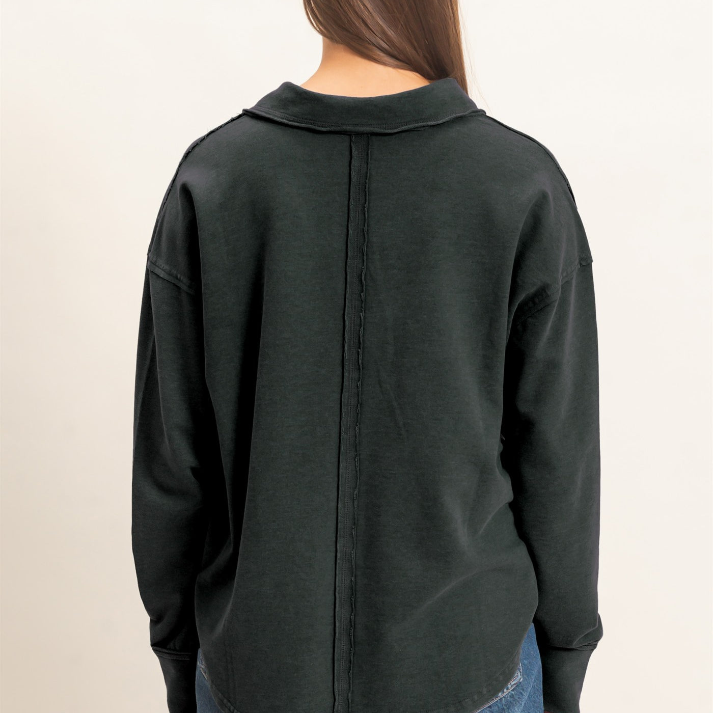 Wholesale Mineral Washed Polo Collar Long Sleeve Top Polos DZ26E887 BLACK DOUBLE ZERO