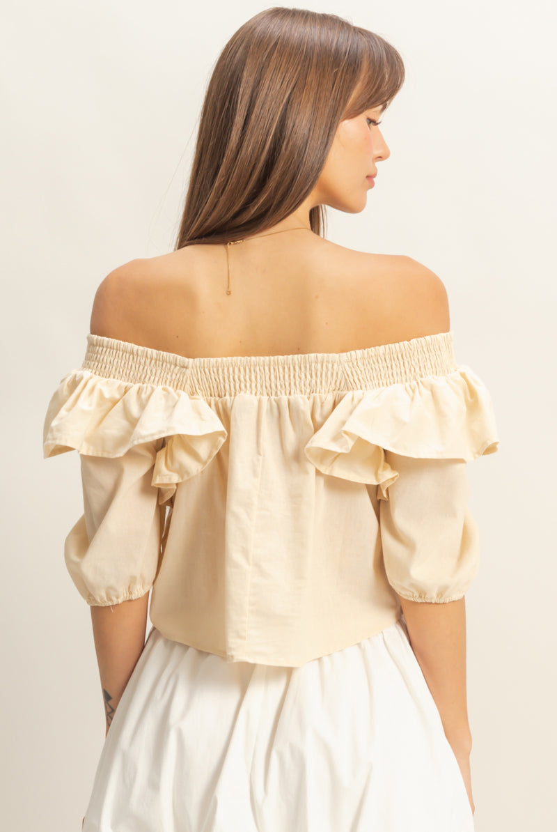 Wholesale Ruffled Short Sleeve Top Clothing Tops HF22C757 SAND HYFVE