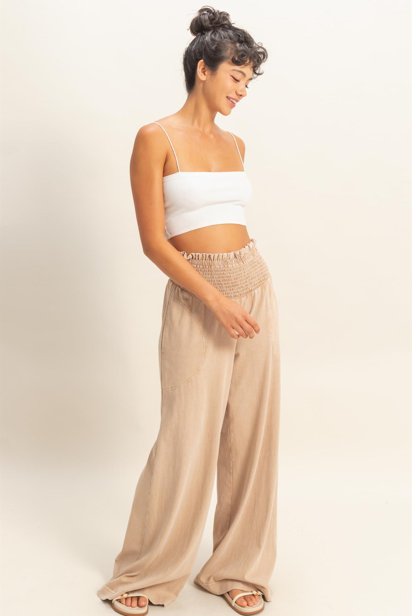 Wholesale Mineral Washed Wide-Leg Smocked Waist Pants Pants DZ26A249 DARK TAUPE DOUBLE ZERO