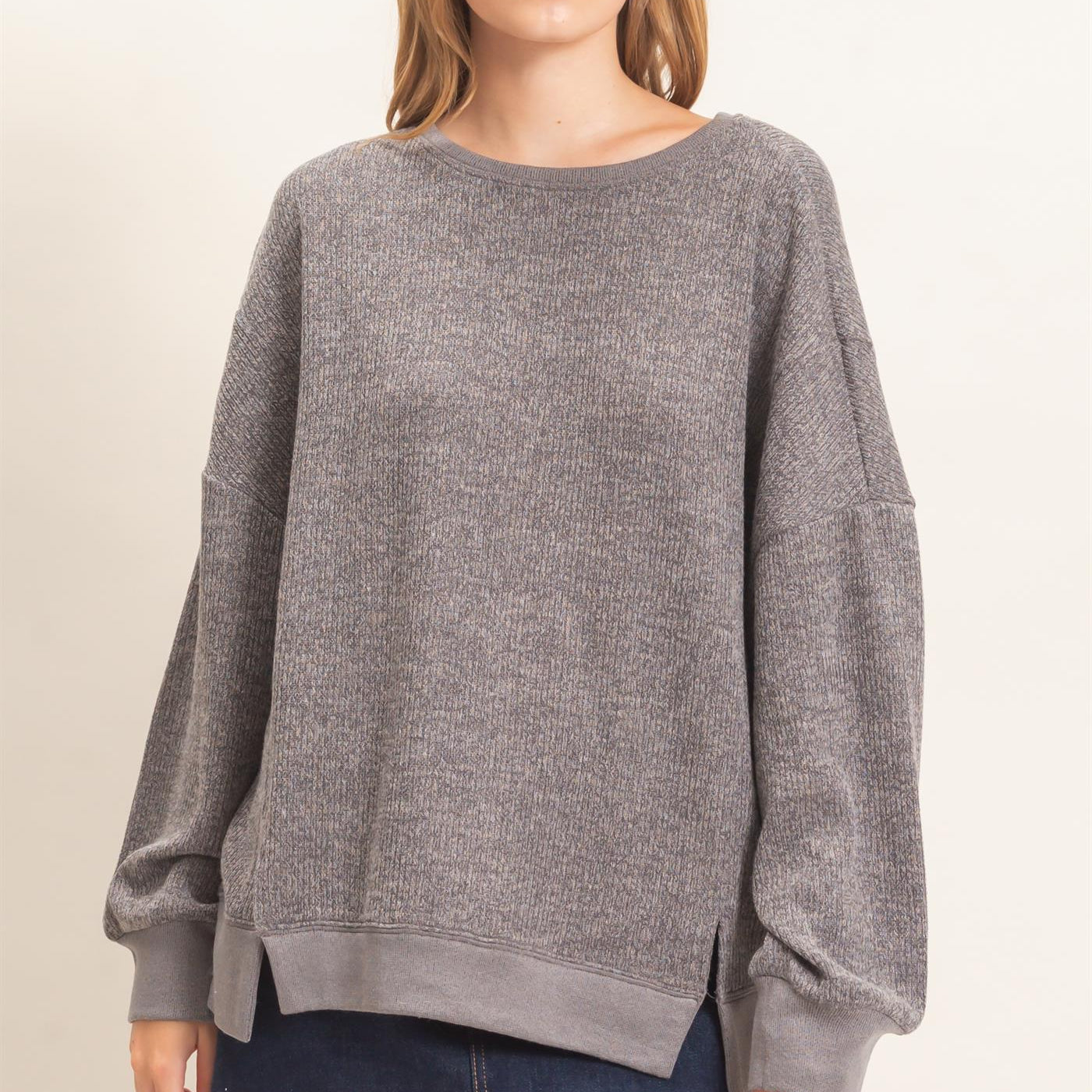 Wholesale Ribbed Boat Neck Knit Top Clothing Tops HF26E852 GRAY HYFVE