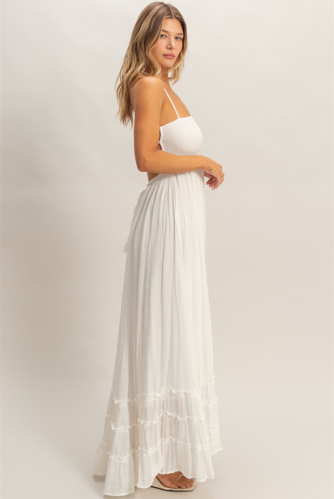 Wholesale Smocked Halter Maxi Dress Dresses HF26C290-D WHITE HYFVE