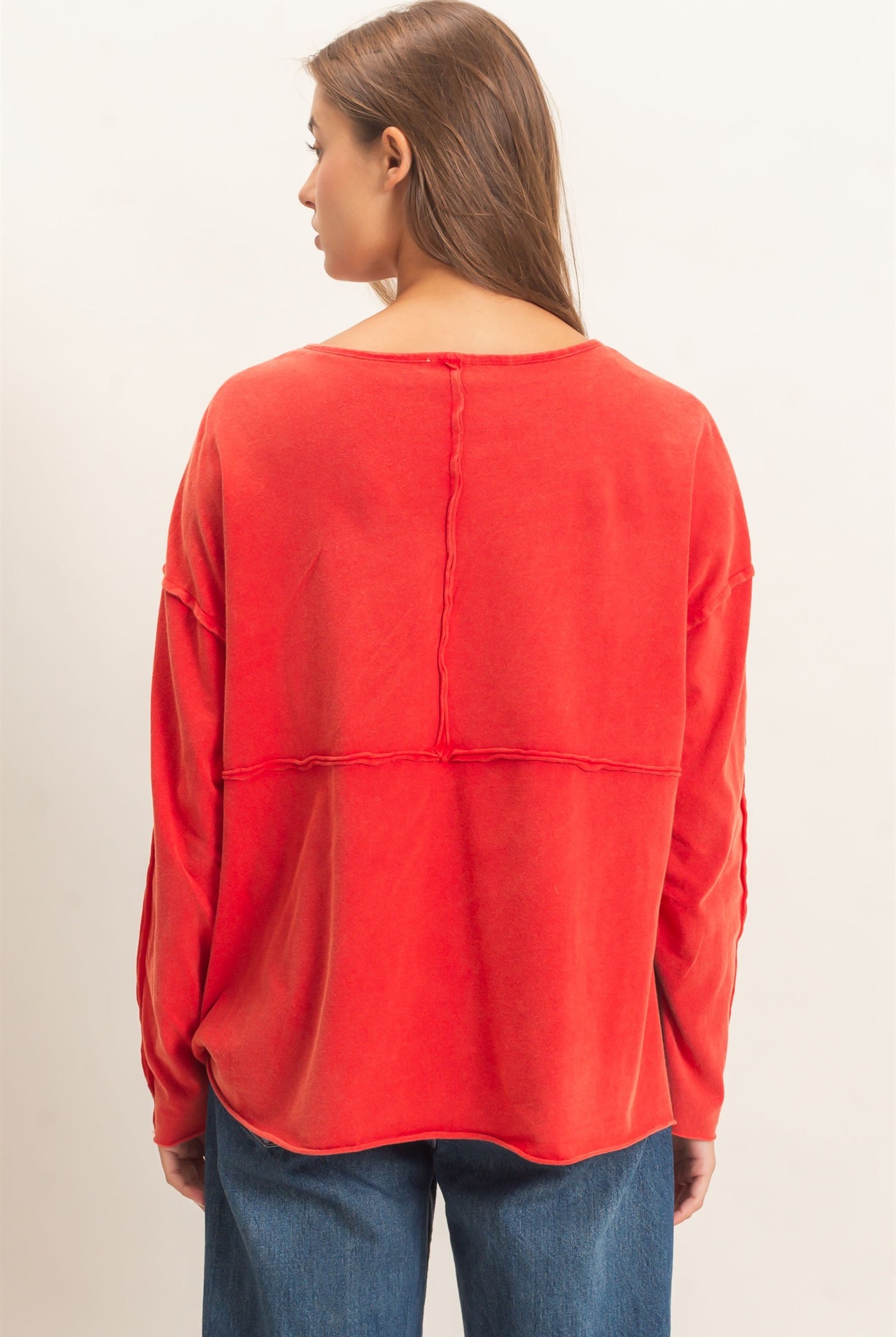Wholesale Oversized Henley Top With Raw Edges Clothing Tops DZ26F128 RED DOUBLE ZERO