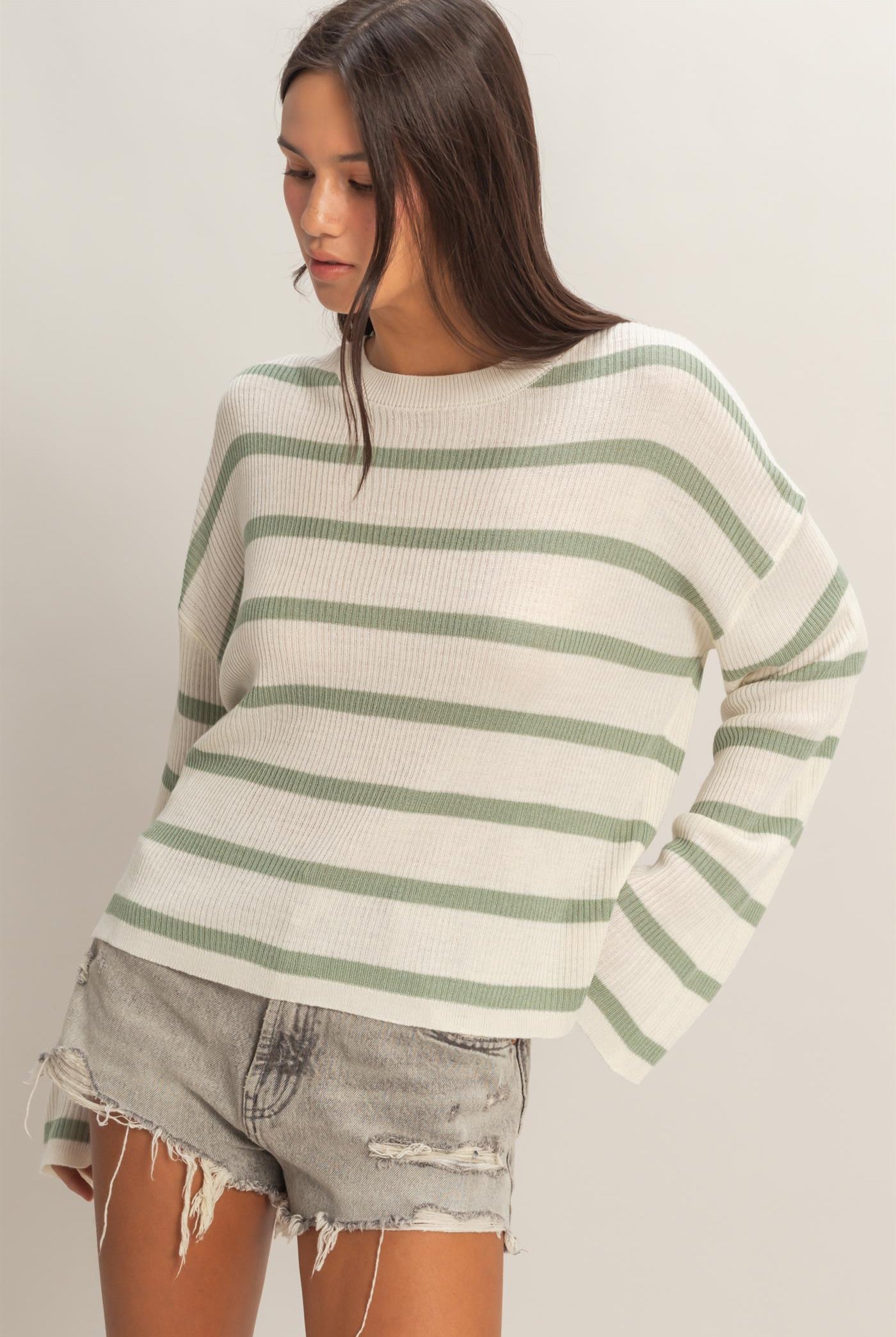 Wholesale Lightweight Wide-Sleeve Striped Sweater Clothing Tops DZ26A329 SAGE GREEN DOUBLE ZERO