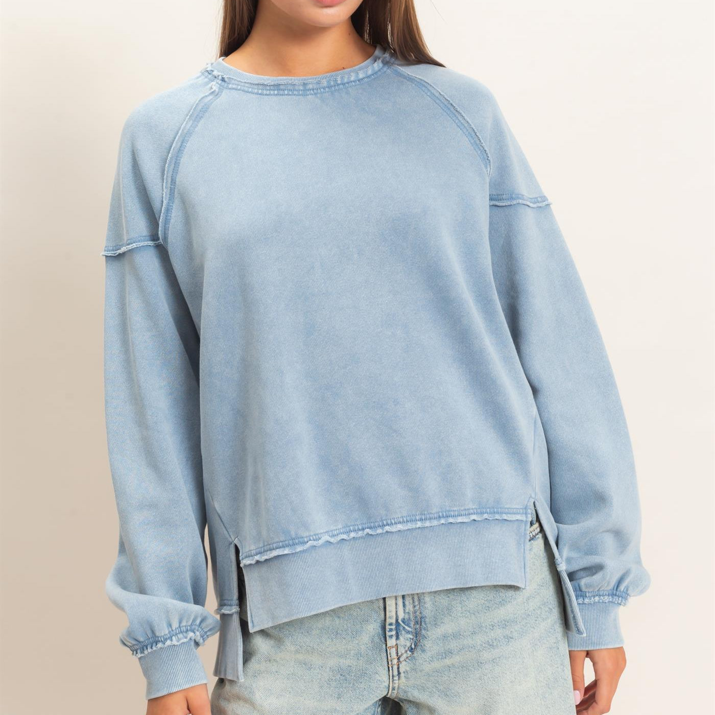 Wholesale Acid Wash Raw Edge Sweatshirt Sweatshirts DZ26C910 DUSTY BLUE DOUBLE ZERO